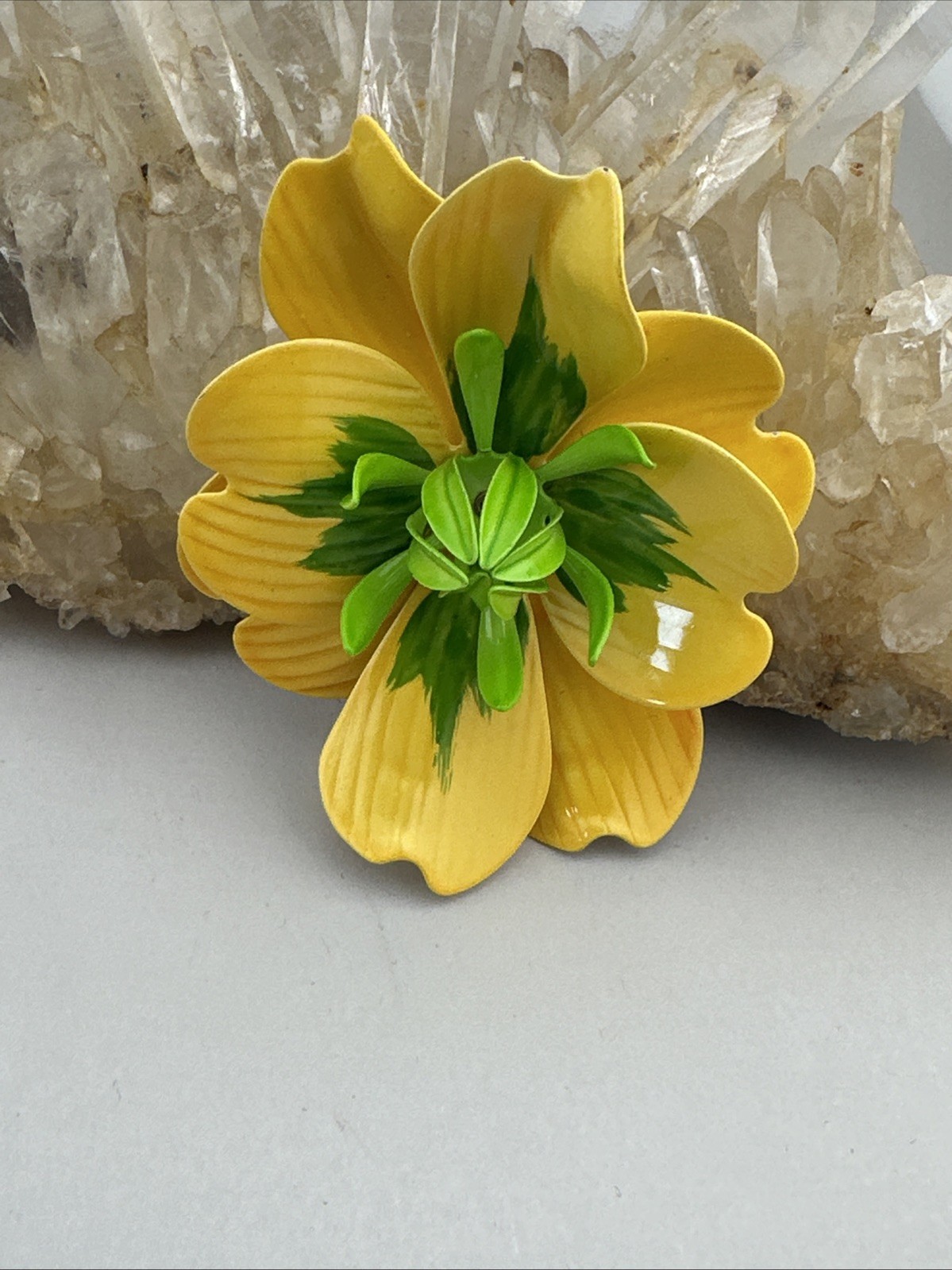 Vintage Lemon Yellow Lime Green Enamel Metal Brooch
