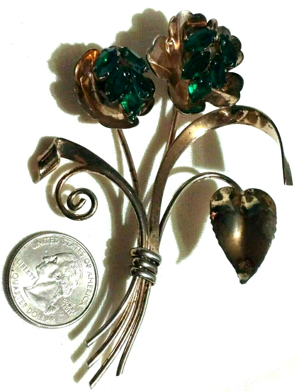 Green Stone Leaves Art Nouveau Brooch Sterling Silver VTG Estate 1930’s-1950’s
