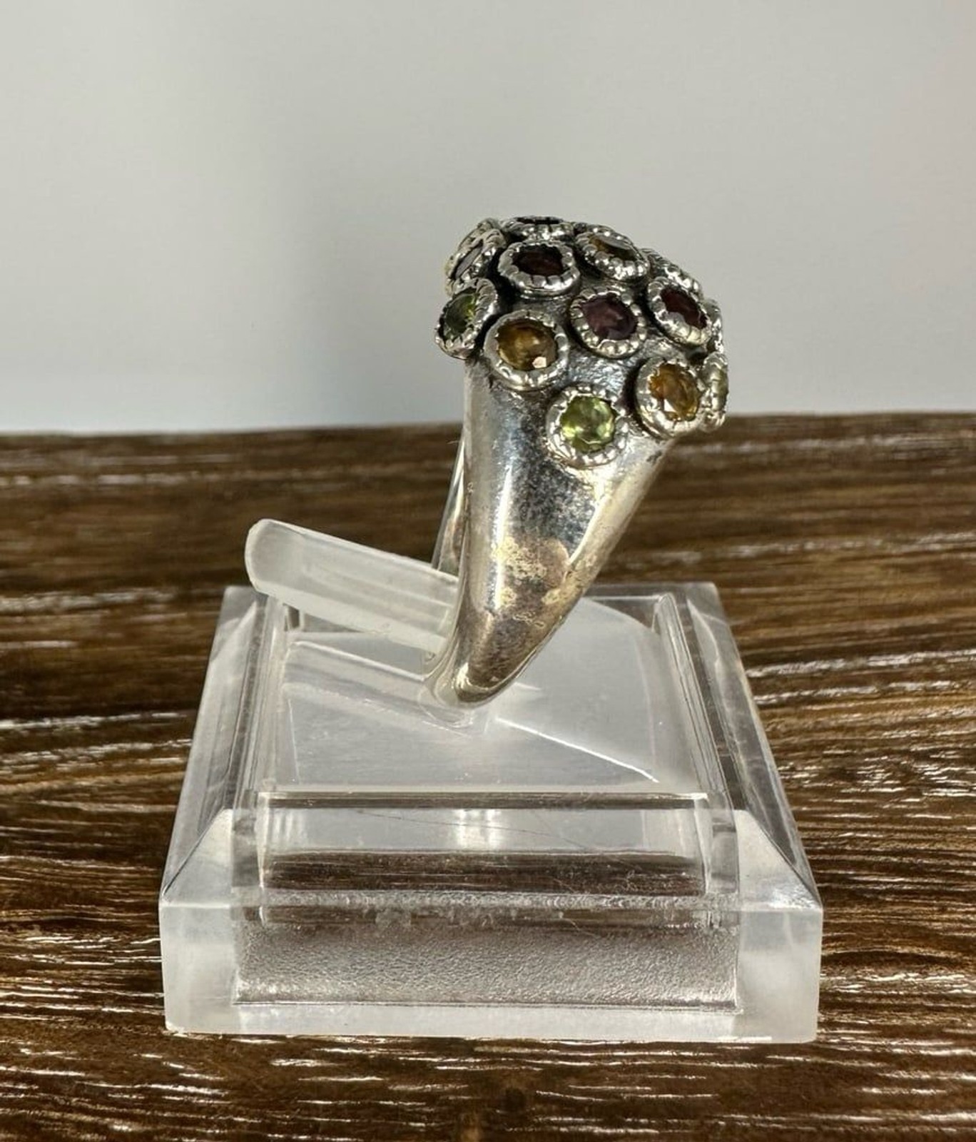 Vintage Sterling Silver Multicolor Gemstone Cluster Dome Ring Size 8.75