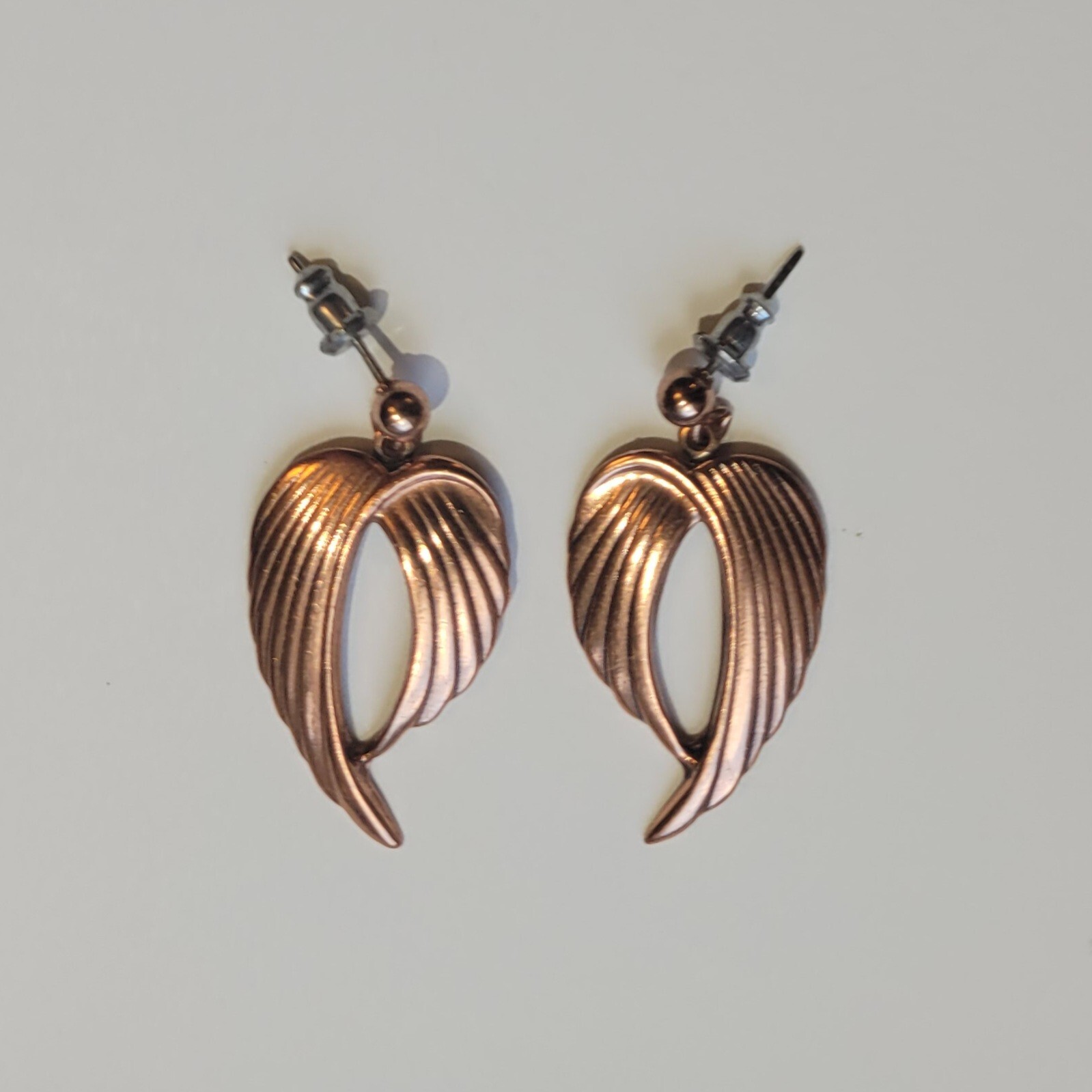 Copper Angel Wings Art Nouveau Style Post Dangle Drop Pierced Earrings Vintage