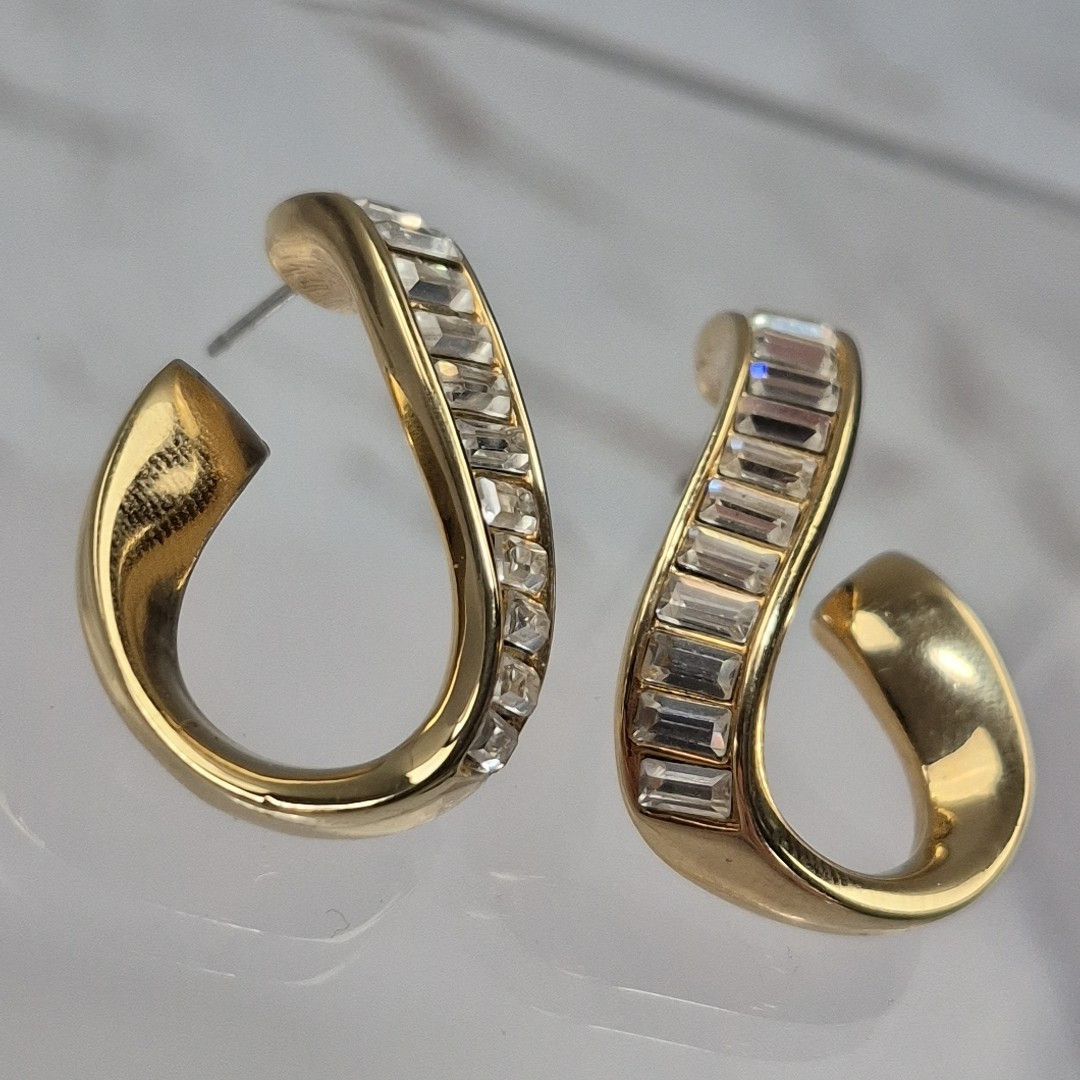 Vintage Swarovski Costume Yellow Gold Tone Crystal Bagguette Swoop Post Earrings