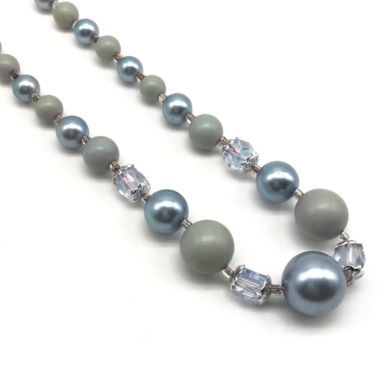 Vintage Japan Blue Gray Acrylic & AB Crystal Beaded Strand Necklace