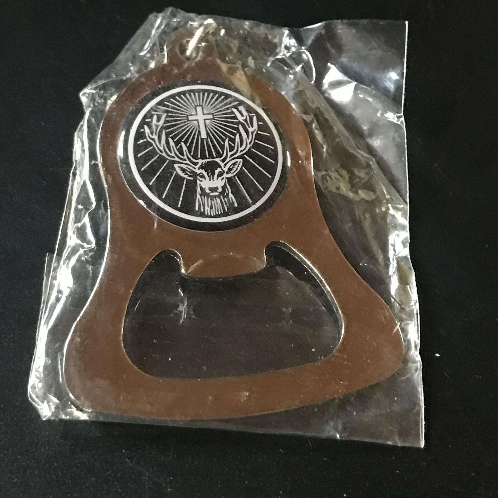 Estate Silvertone Bottle Opener w Black & White Stag Deer Head & Cross Medallion