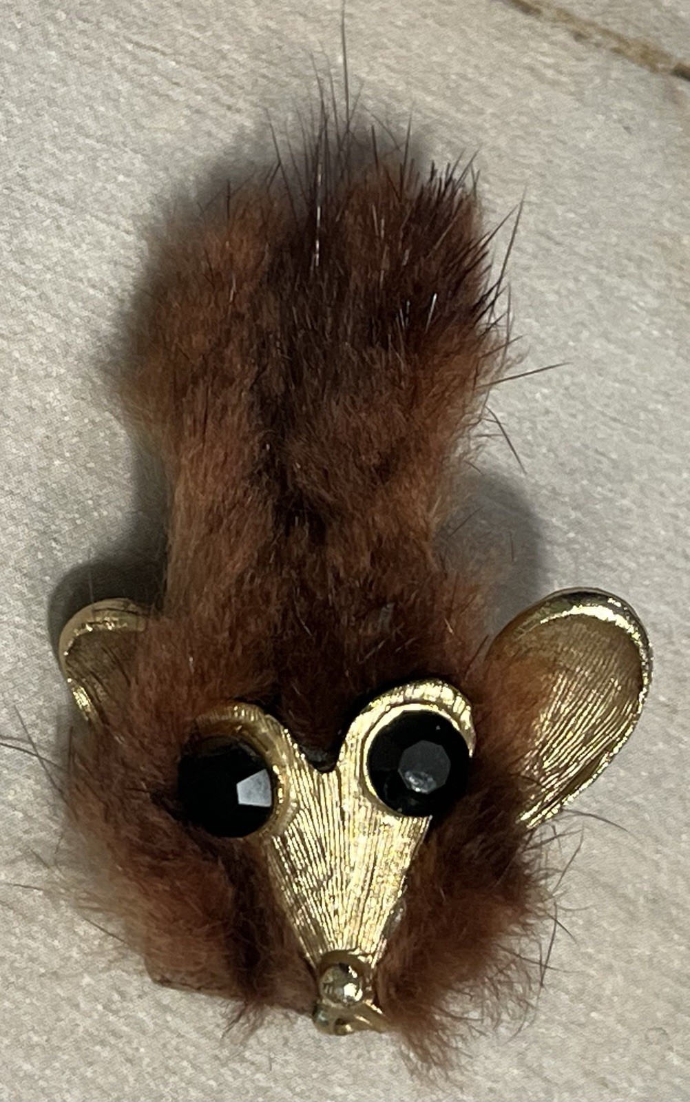 Faux Fur Mouse Brooch Gold Tone Vintage
