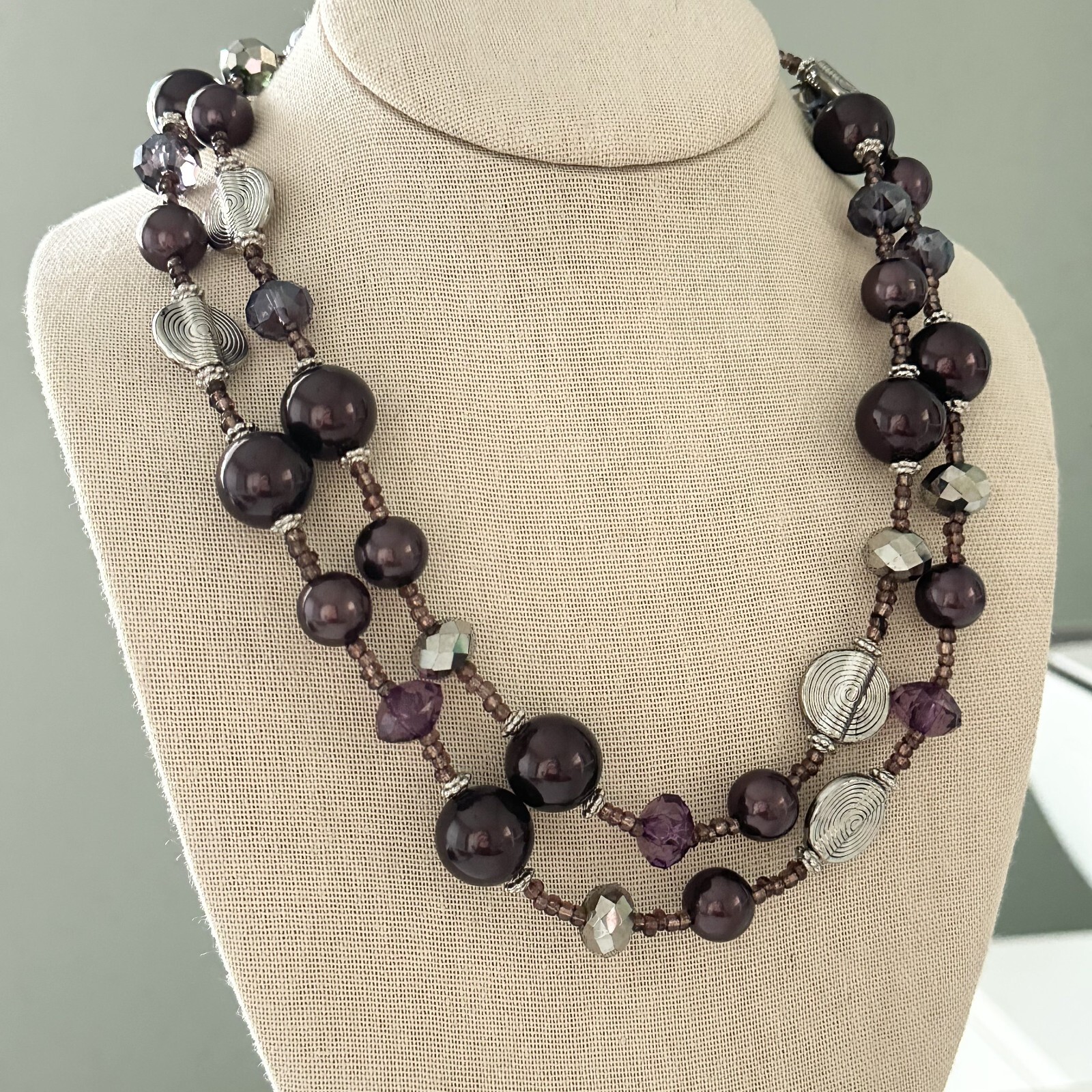 Vintage Purple & Silver Faceted Crystal Plum Acrylic Beaded Long Necklace 42″