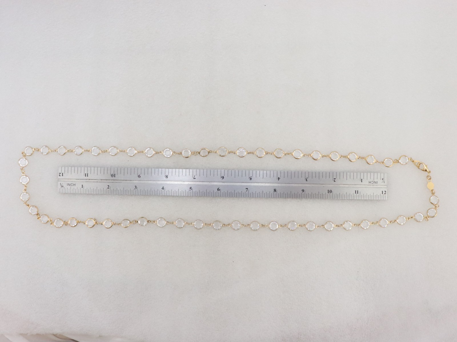 34″ Long 9mm Clear Crystal Bezel Rhinestone Necklace Signed AUSTRIAN USA Gold Tn