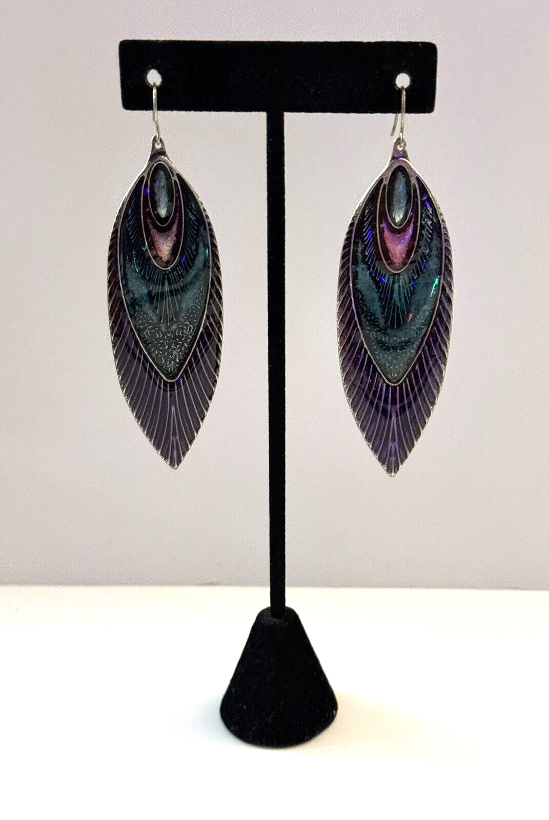 Peacock Design Green Purple Pink Enamel Feather Dangle Pierced Earrings Estate