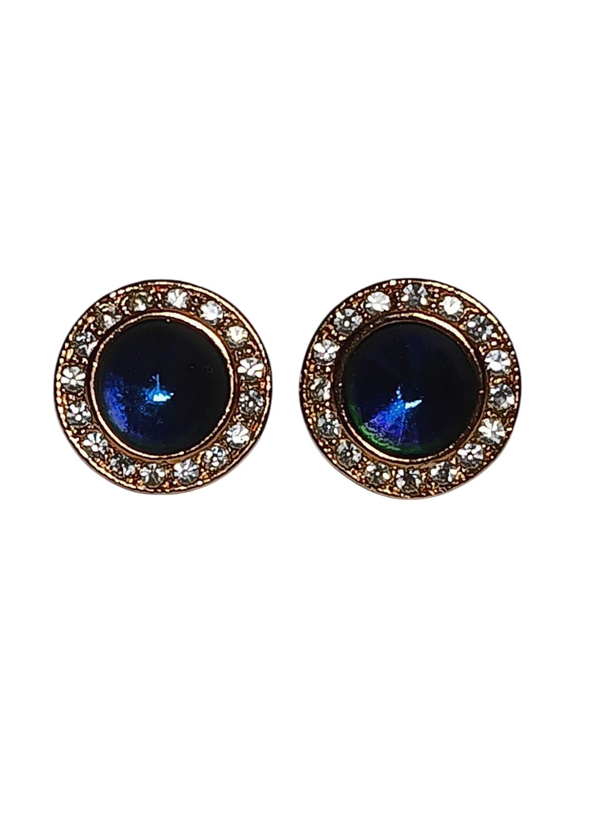 Roman Signed Earrings Violet Blue Rivoli Clear Crystal Gold Tone Round Pierced