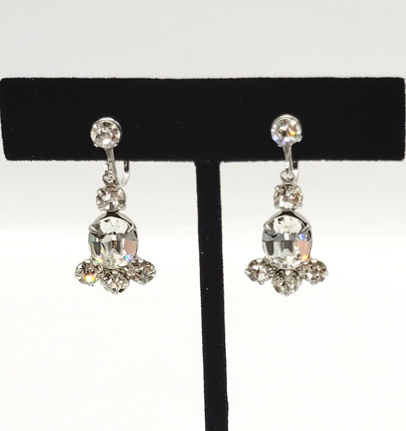 Crystal Rhinestone Cluster Silver Tone Drop Dangle Screw Back Vintage Earrings