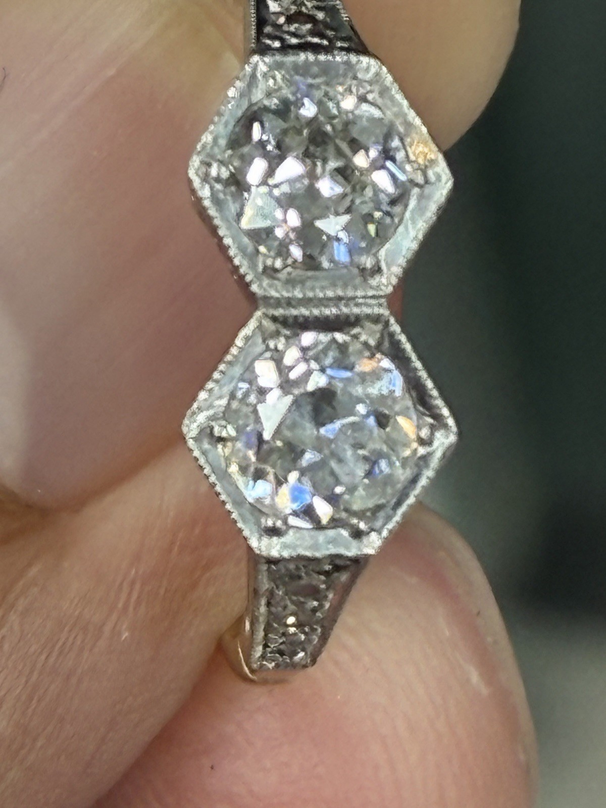 Art Deco 14k Yellow Gold Toi et Moi Old European Cut Diamond Ring 1.4 Tcw