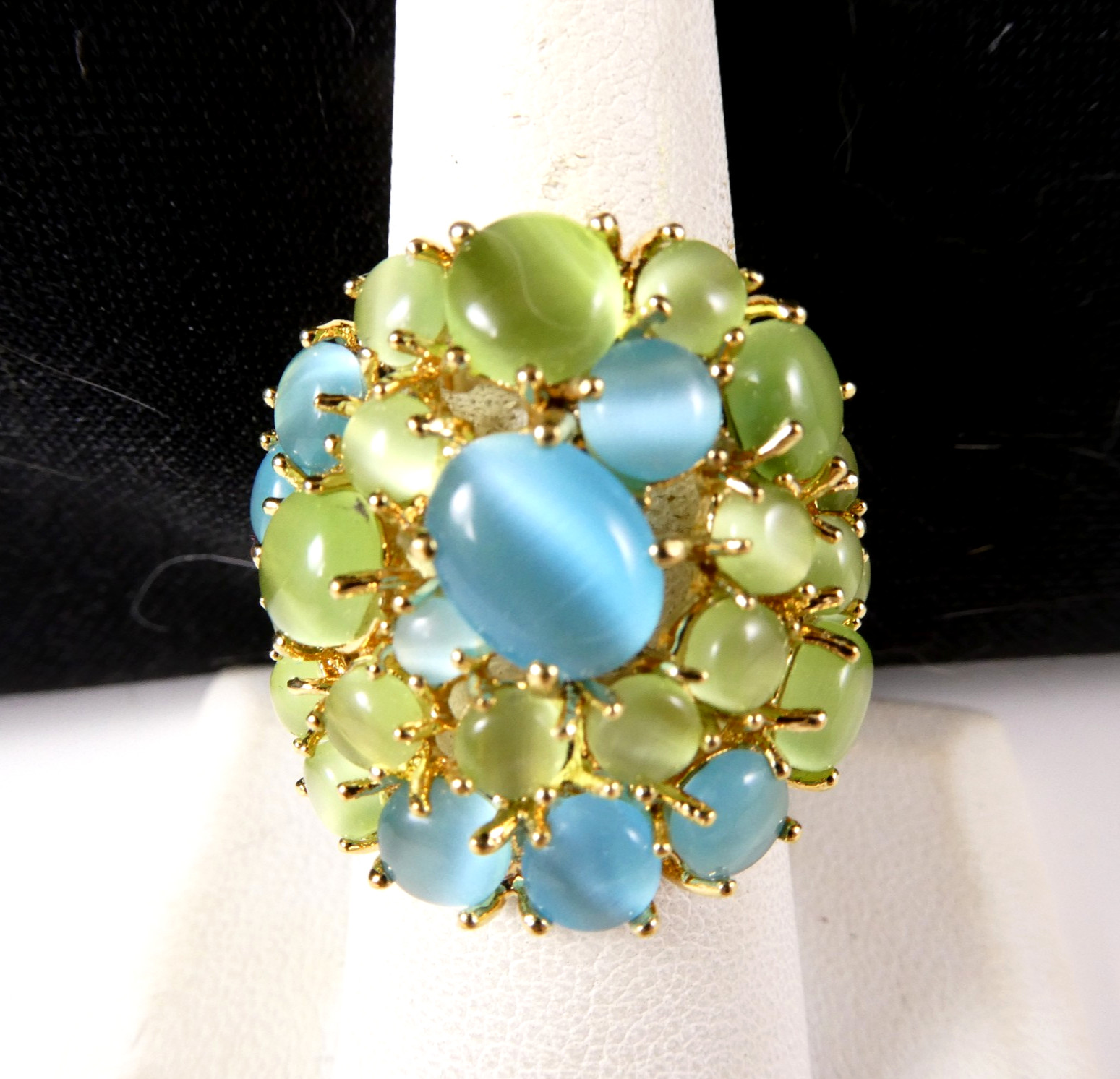 Pretty Blue & Lime Green Cocktail Ring Size 8 Moonstone Cabochons Gold Tone