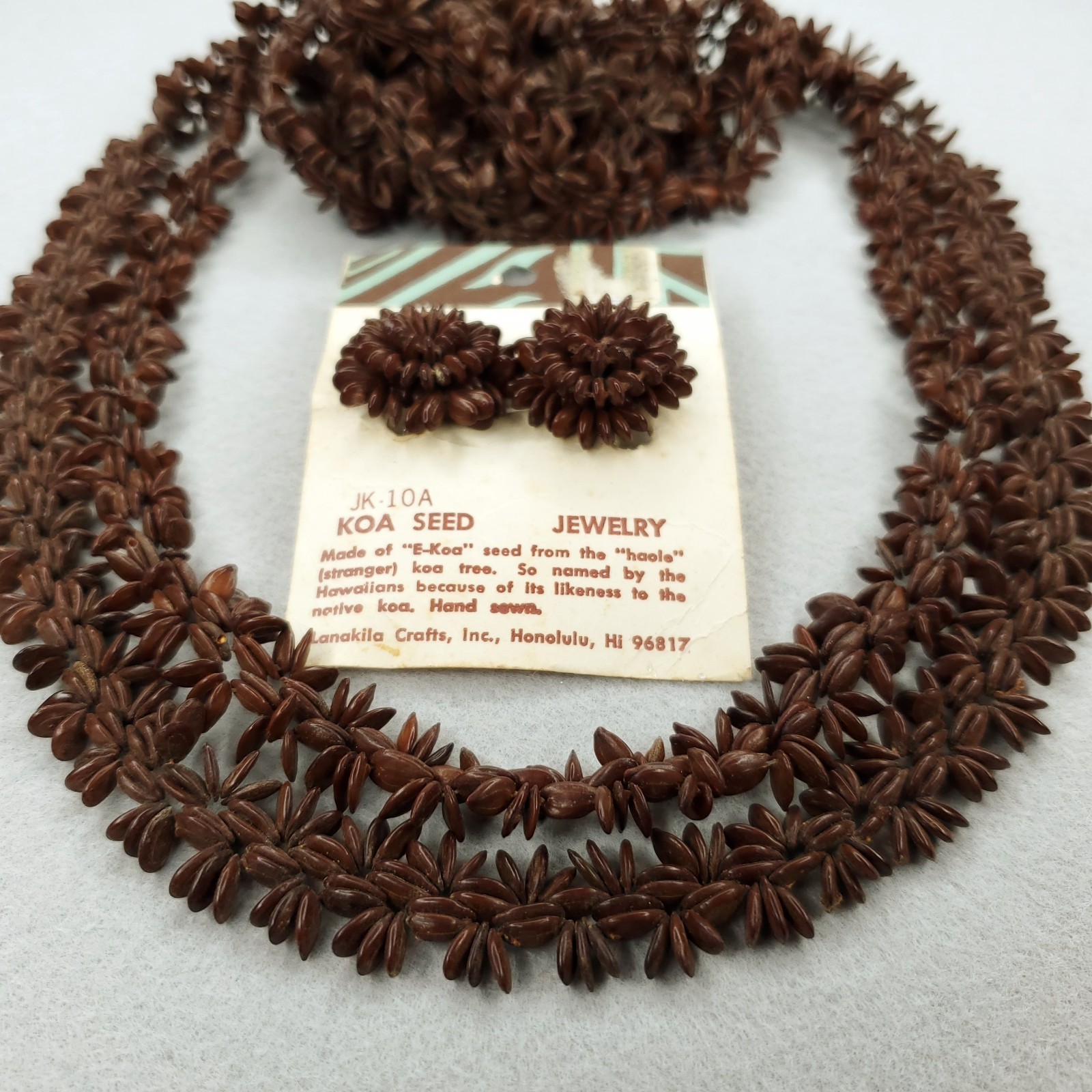 Vintage Koa Seed Necklace Earring Set Brown Long Lei Hawaii Boho Tiki 50″
