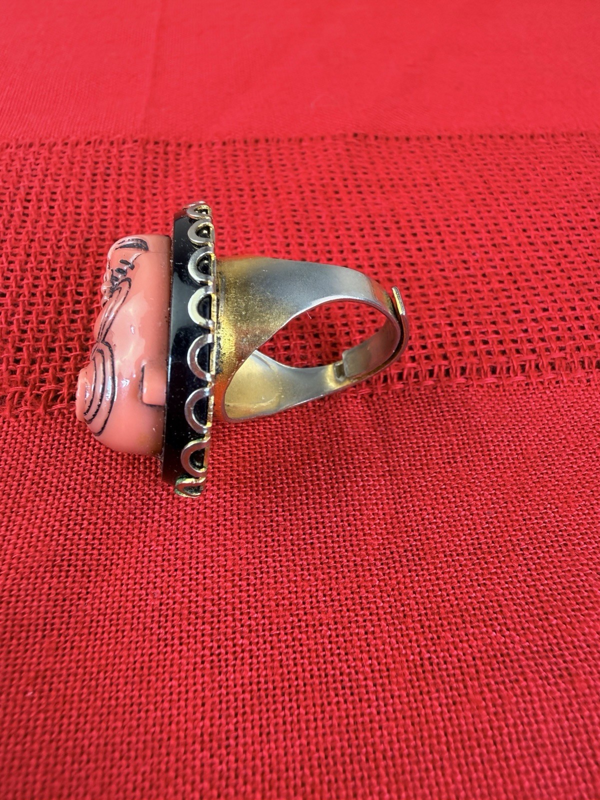 Vtg Cameo Style Ring Black Pink Angry Asian Portrait Adjustable Statement