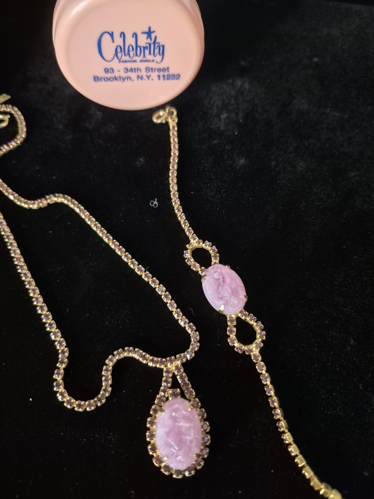 VTG CELEBRITY NY Necklace Bracelet Pink Geode/Pink Druzy w/ Purple Rhinestones
