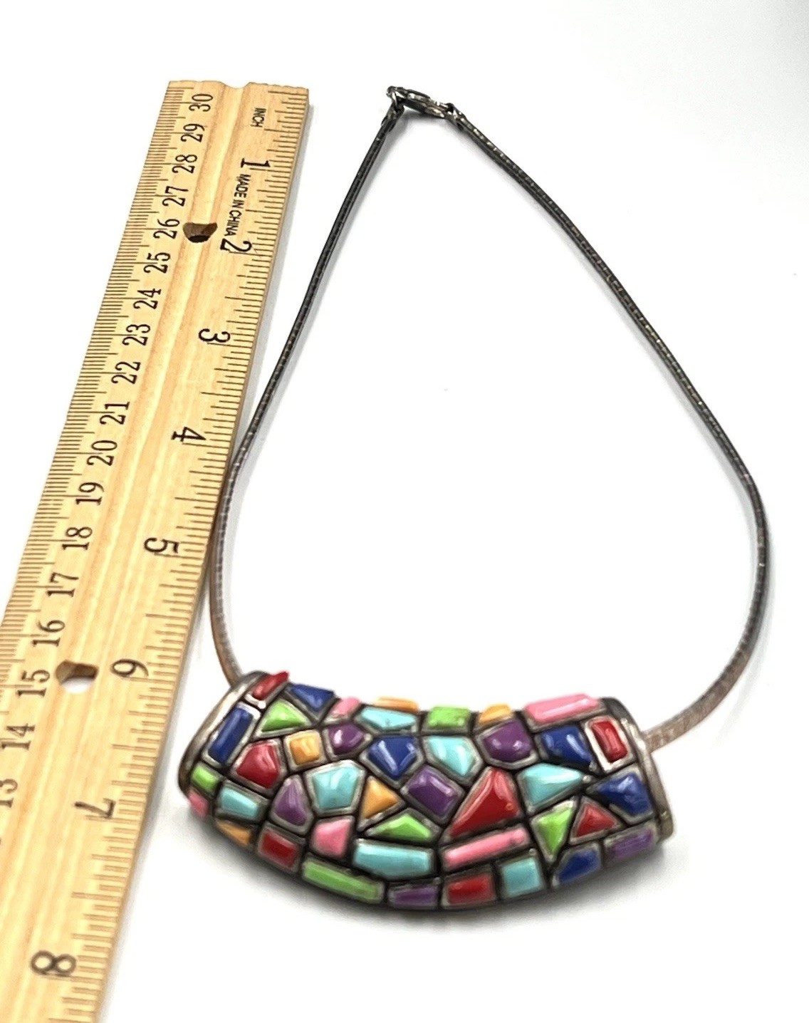 Sterling Silver Mosaic Pendant Necklace Multicolor Inlay Vintage