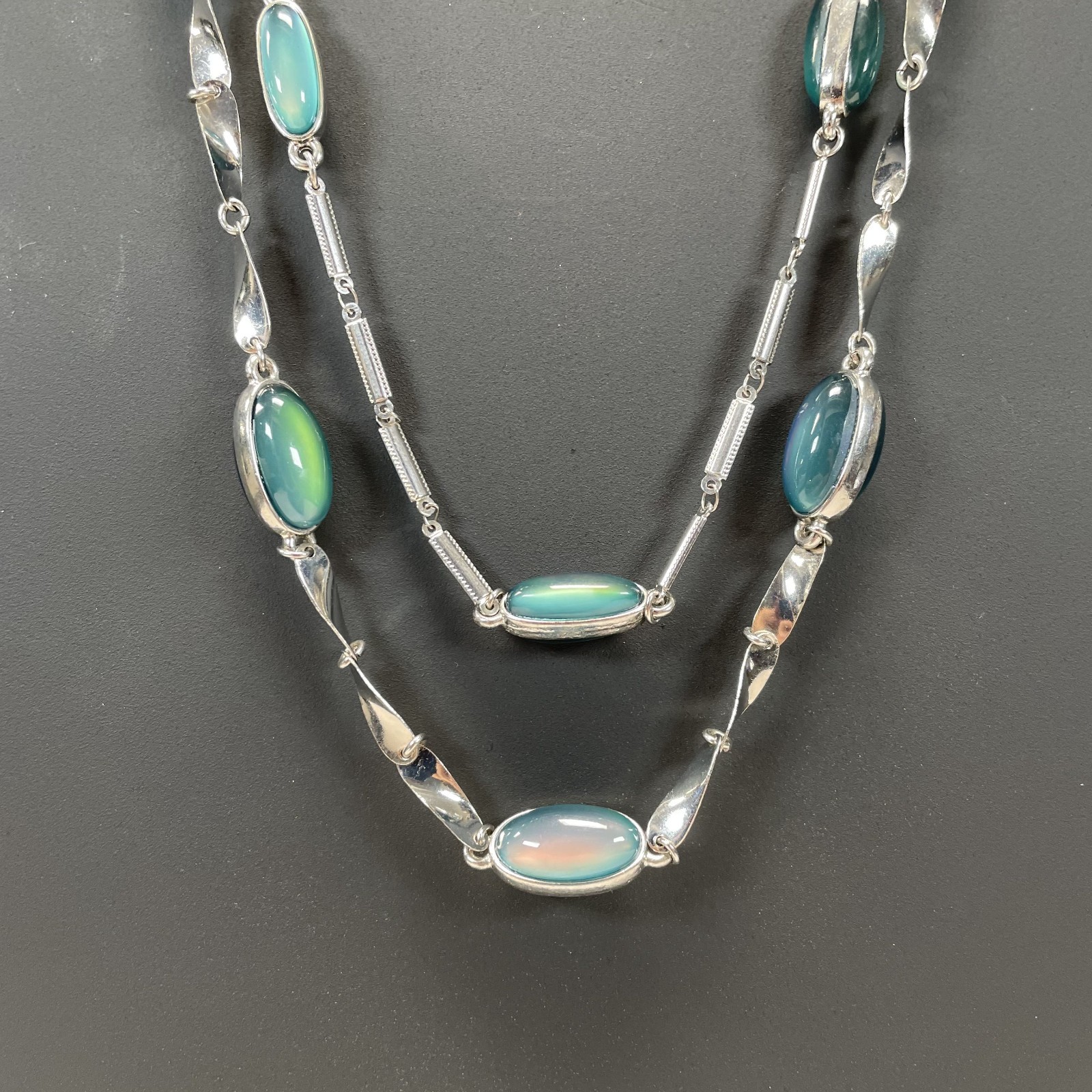 Coldwater Creek Double Strand Station Silver Tone & Green Mood Stones Necklace