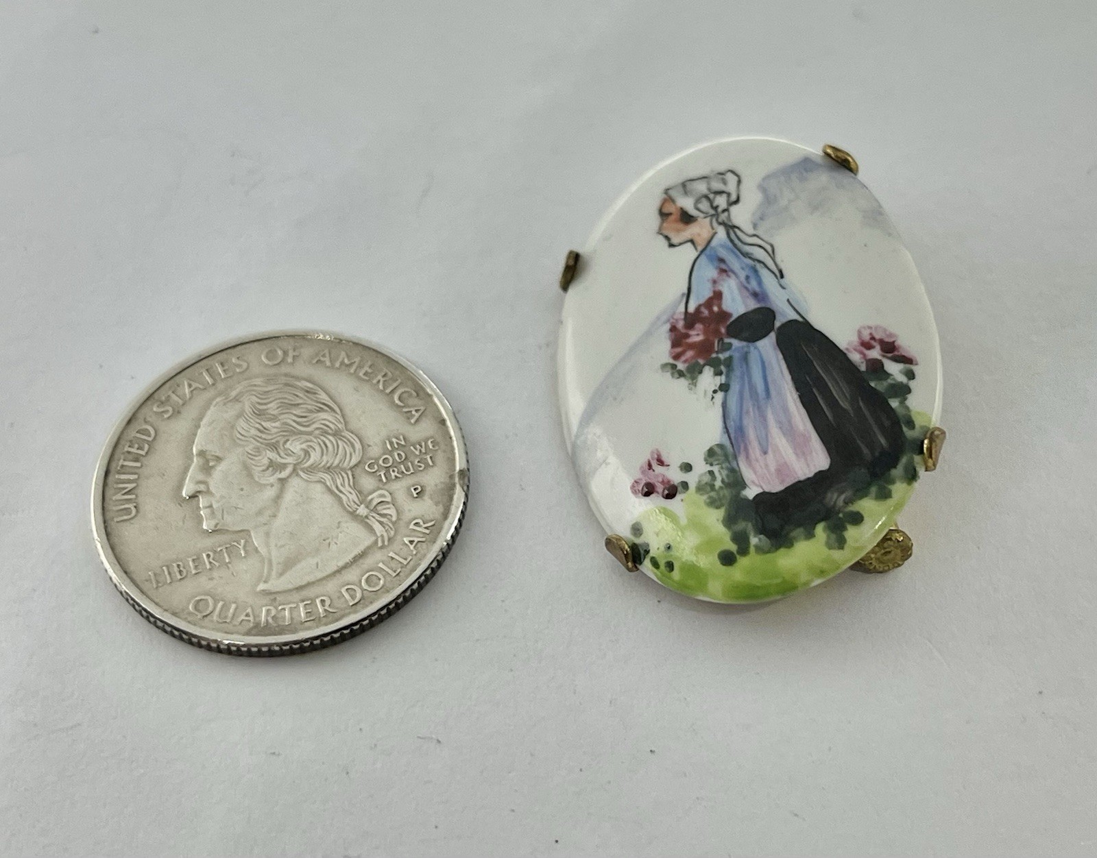 Art Deco Hand Painted Portrait of a Lady in Ethnic French Costume Bonnet Brooch