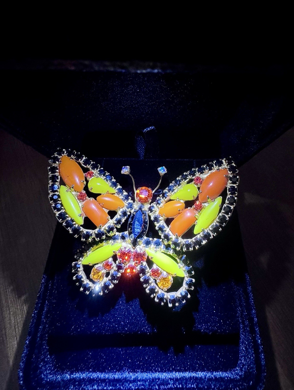 Vintage Juliana D&E Butterfly Brooch Black Rhinestone Orange Chartreuse Cabochon