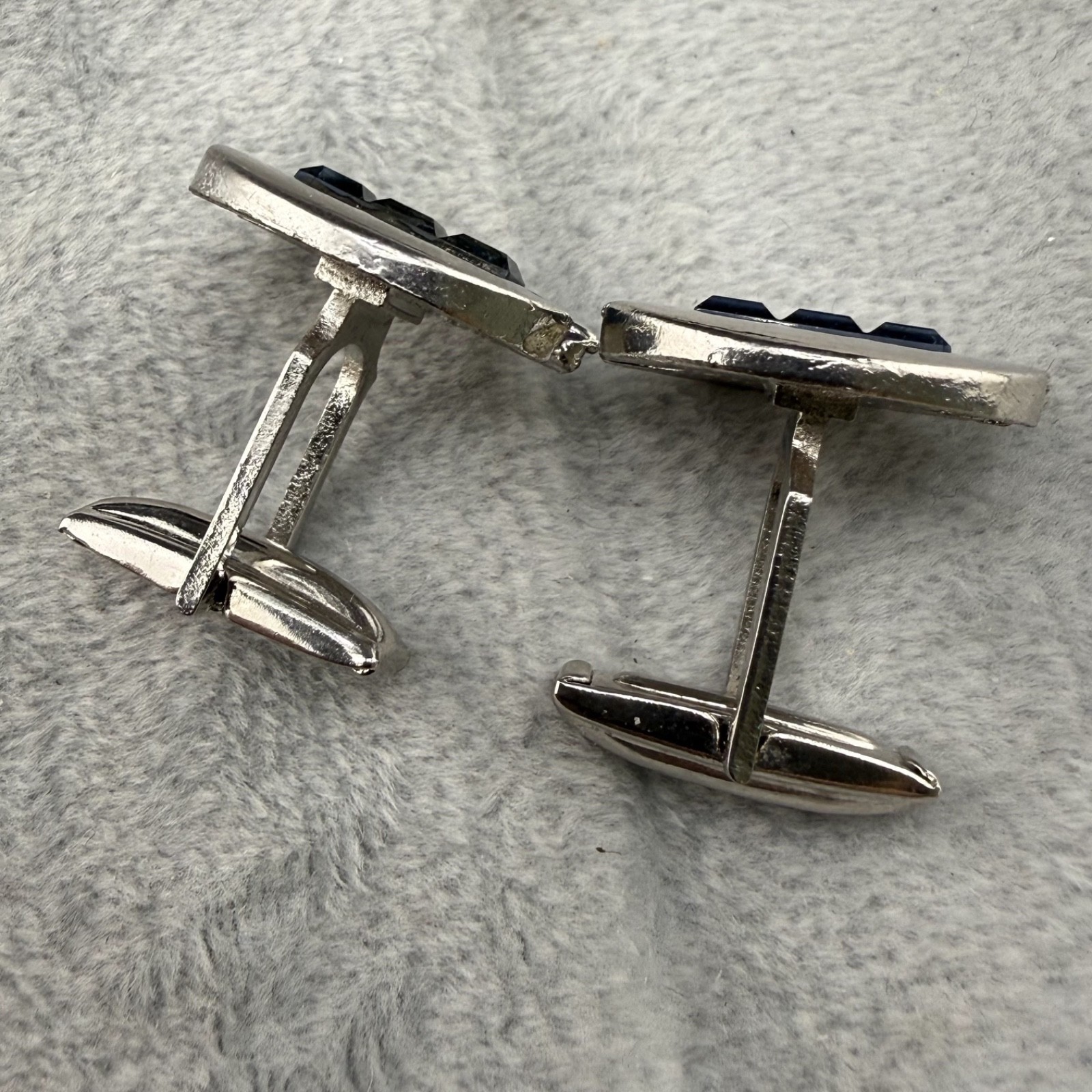 Vintage Cufflink Tiebar Clip Set Silver Tone Blue Rhinestone