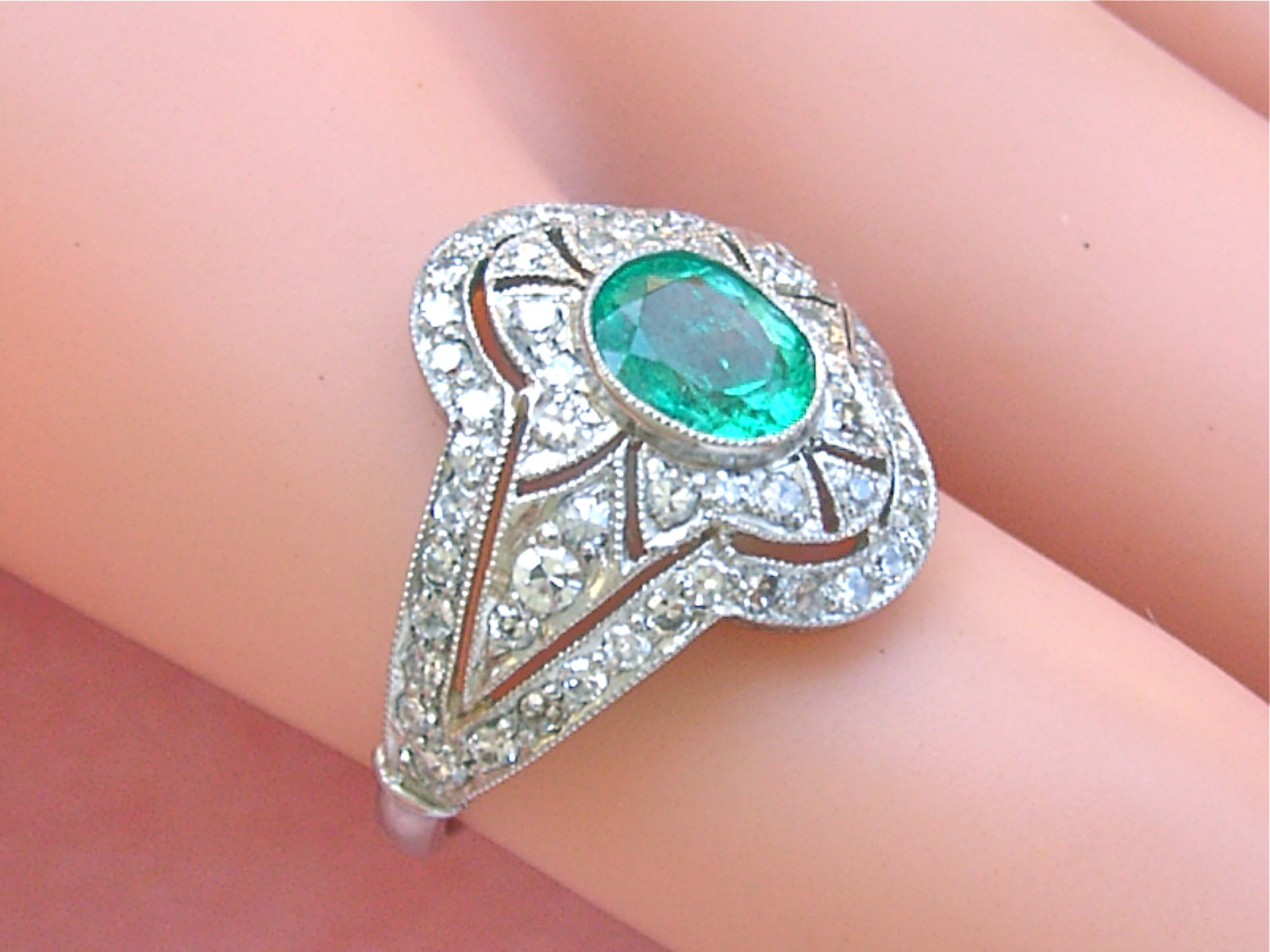 ART DECO .80 ct OVAL EMERALD 1.20 ctw DIAMOND PLATINUM RIGHT-HAND COCKTAIL RING