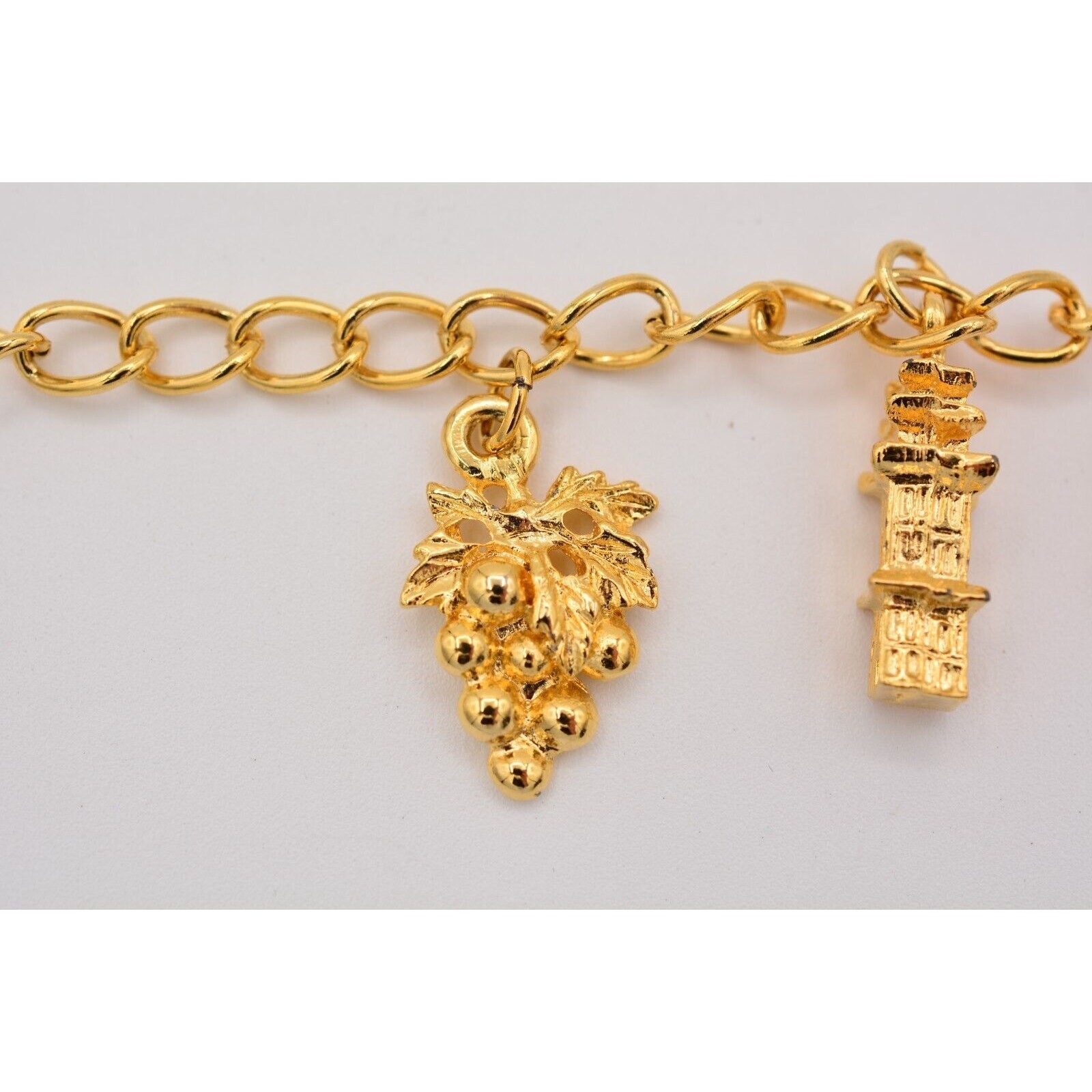 Vintage Charm Bracelet Disneyland Grapes Sailboat Gold Tone Chain Dangle BinAD