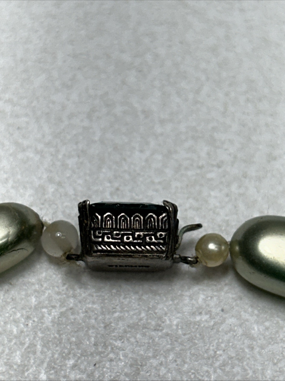 Vintage Beaded Bracelet With Sterling Clasp And Simulated Emerald