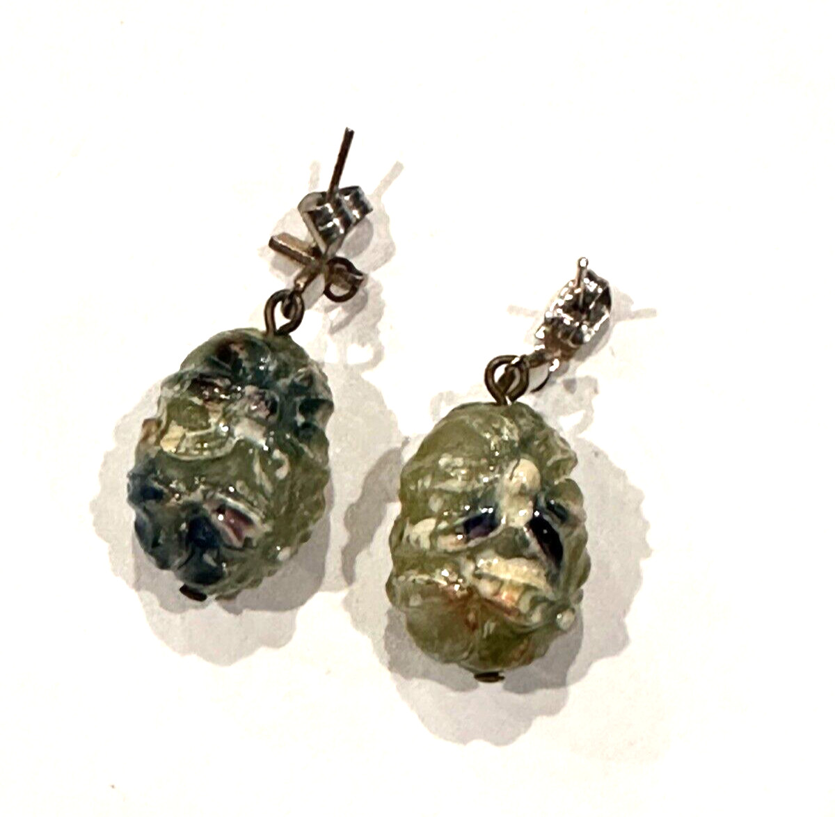 VINTAGE KASHMIRI DANGLE & GREEN LUCITE EGG OVAL FRENCH WIRE EARRINGS LOT 2 PAIR