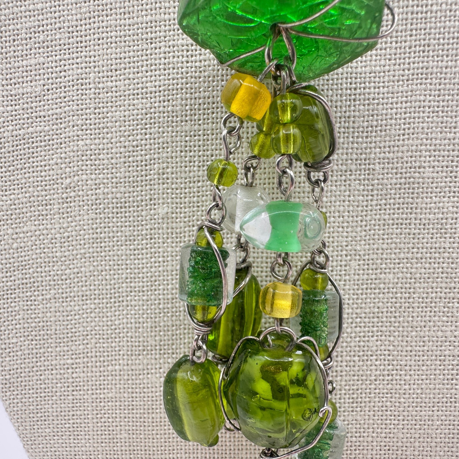 Vintage Green Glass Bead Tassel Necklace Wire Wrapped Yellow Crystal Y Drop Boho
