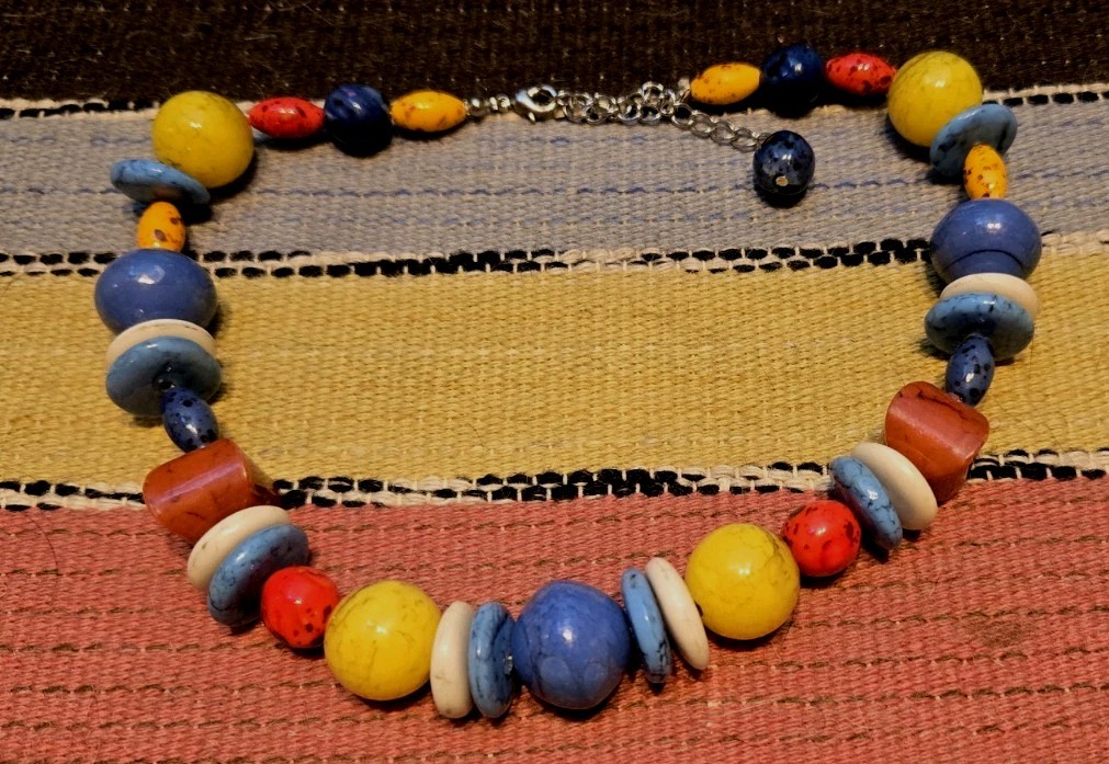 Vintage Acrylic?Glass? Statement 16″ Necklace Blue Yellow Red Lobster Clasp