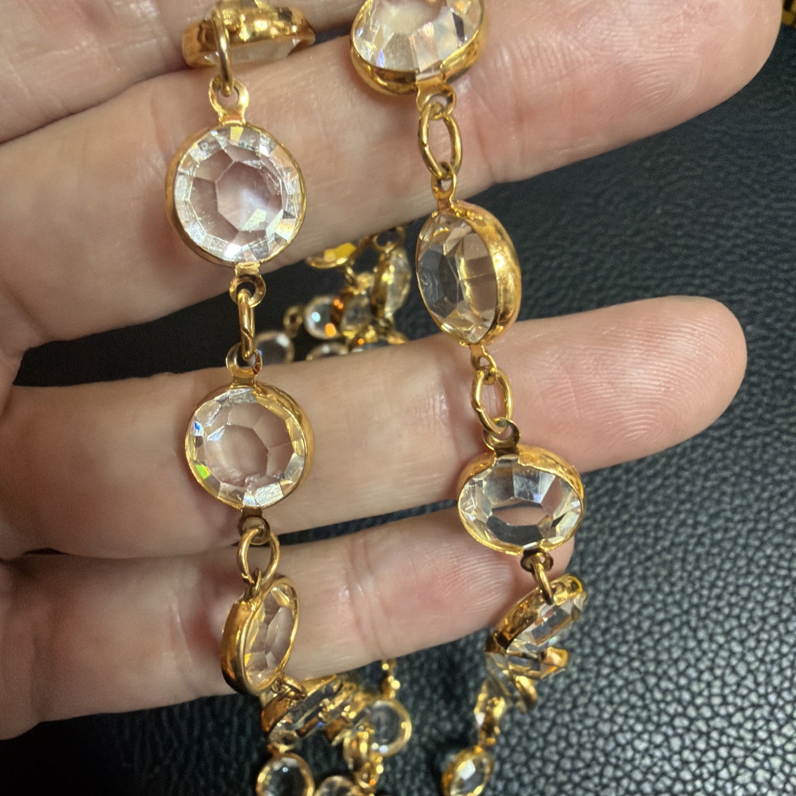 Vintage AUSTRIAN CRYSTAL USA – Gold tone Clear Bezel Crystals 35” Necklace