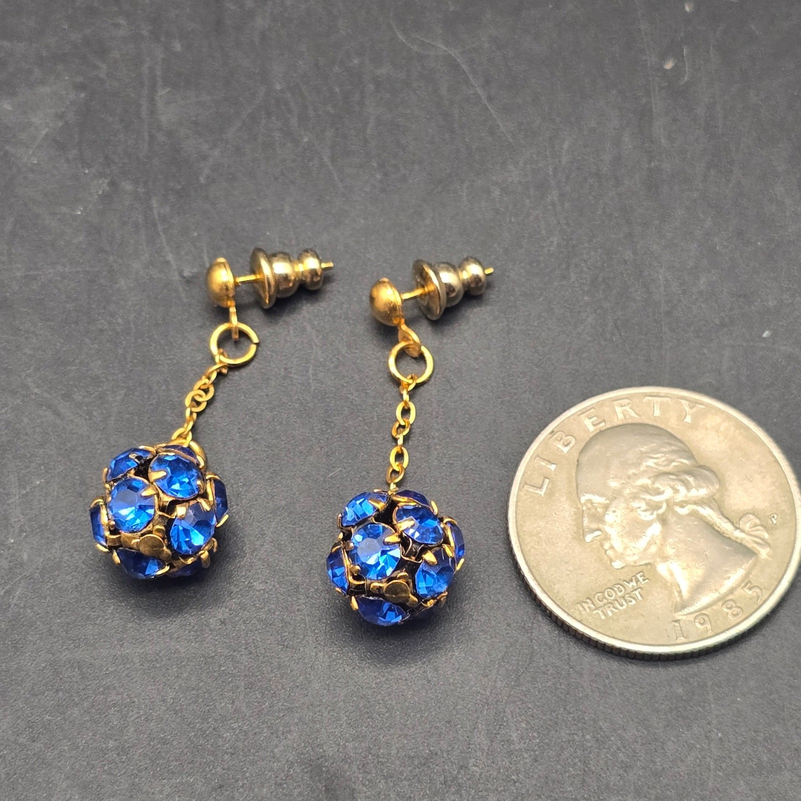 Blue Rhinestone Ball Earrings Gold Tone Pierced Post Dangle Drop Vintage