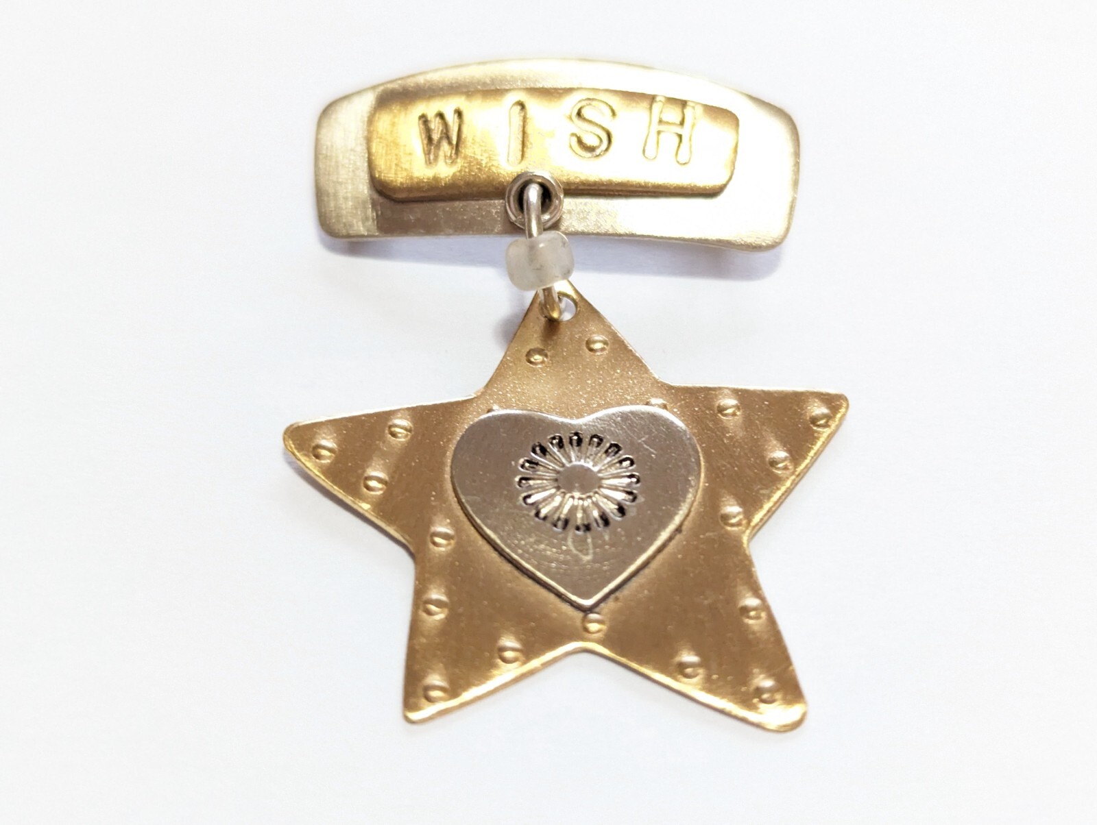 Vintage Brass & Silver Tone Dangle Star Heart Wish Brooch Pin 1.75″ Long