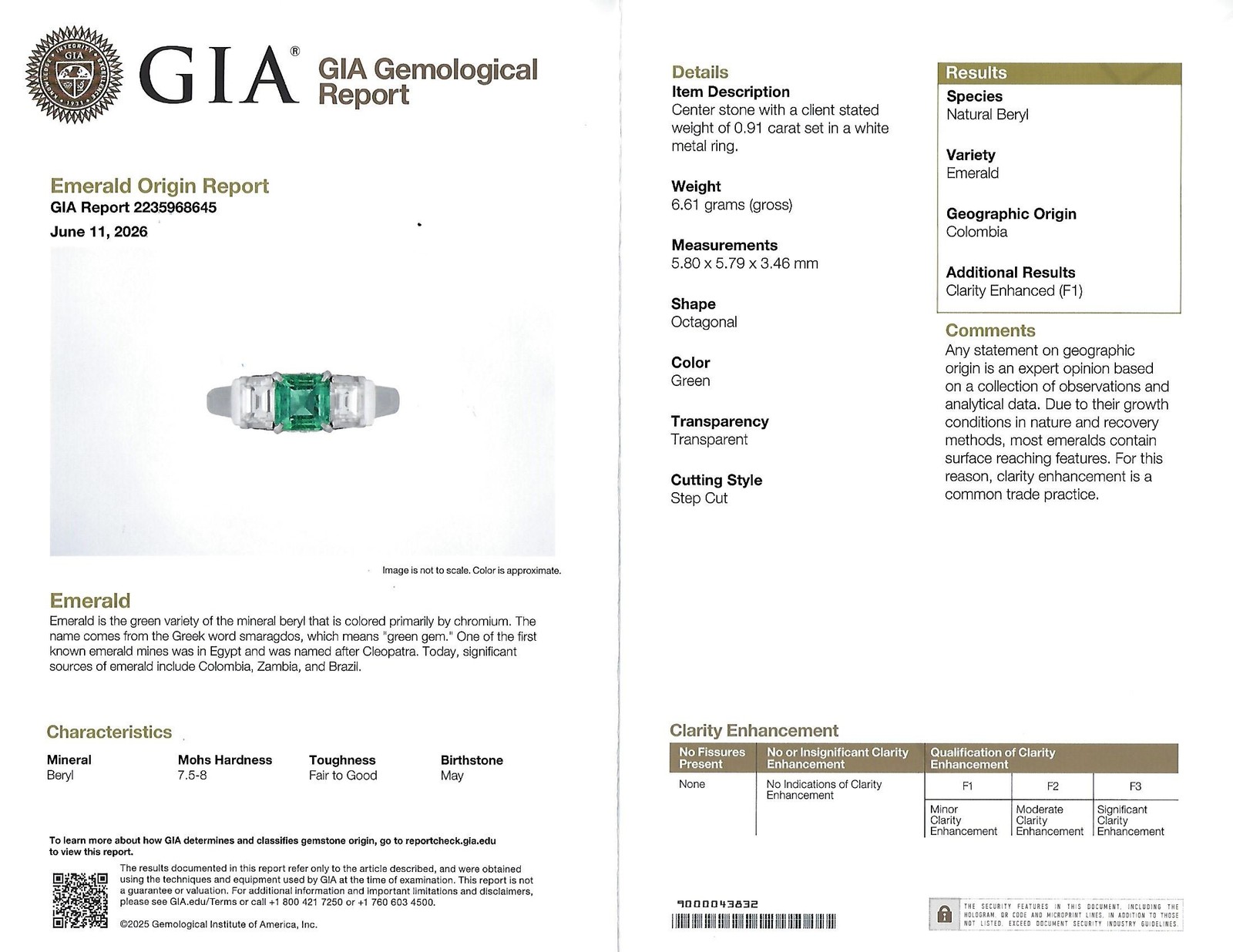 Rare 0.91ct GIA Colombian Emerald & 0.78ct Diamond Platinum Ring, Size 8.5