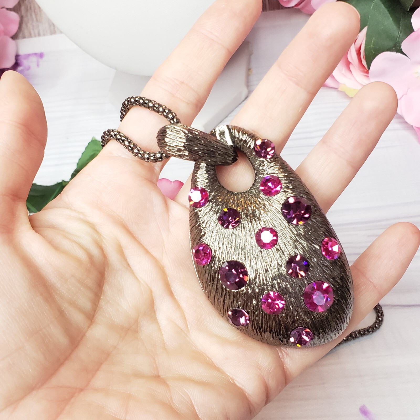 Pink Purple Rhinestone Large Pendant Necklace Gunmetal Tone Chain Statement