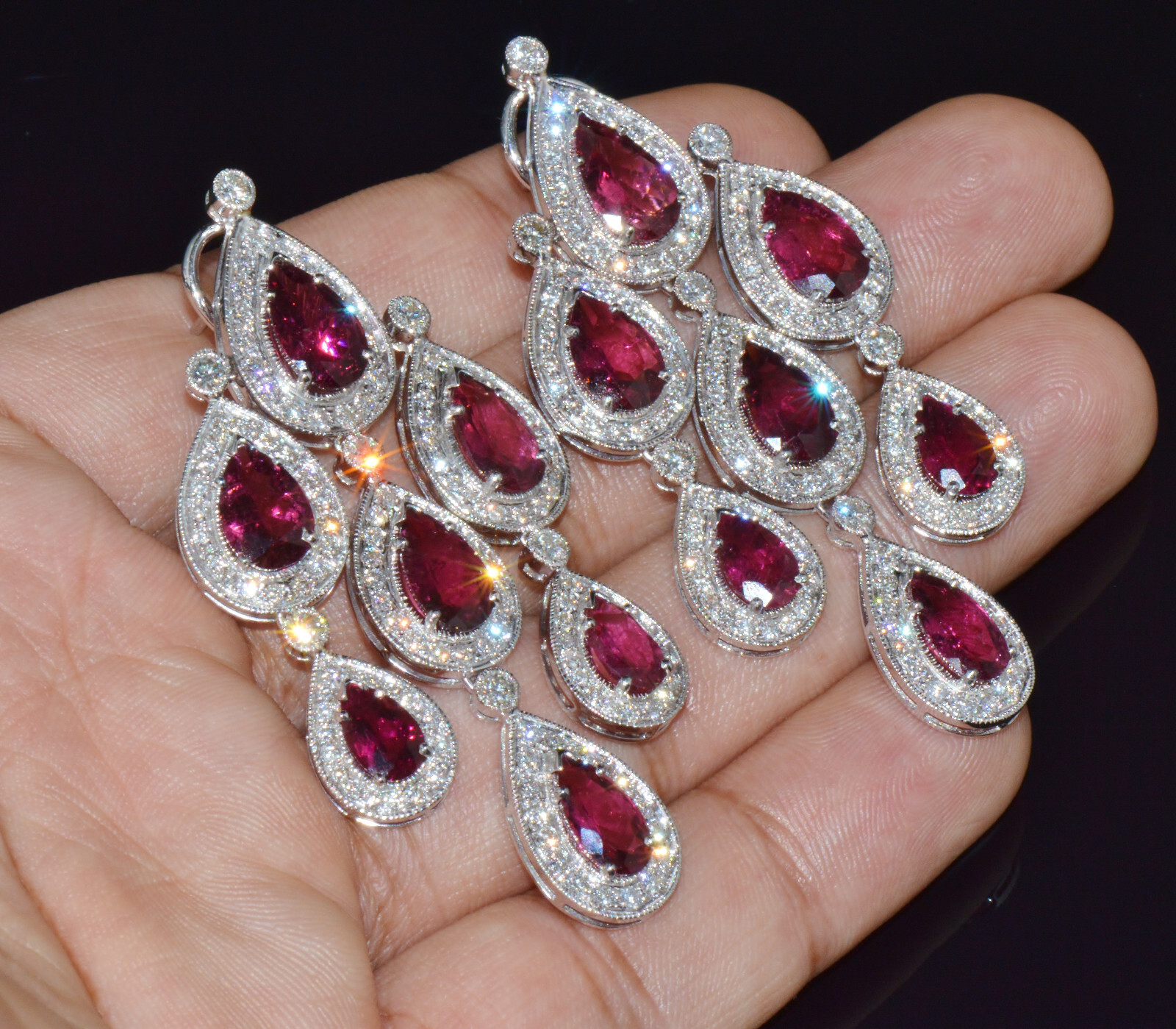 Certified Natural 23.53Cts Diamond Tourmaline 18K Solid Gold Chandelier Earrings
