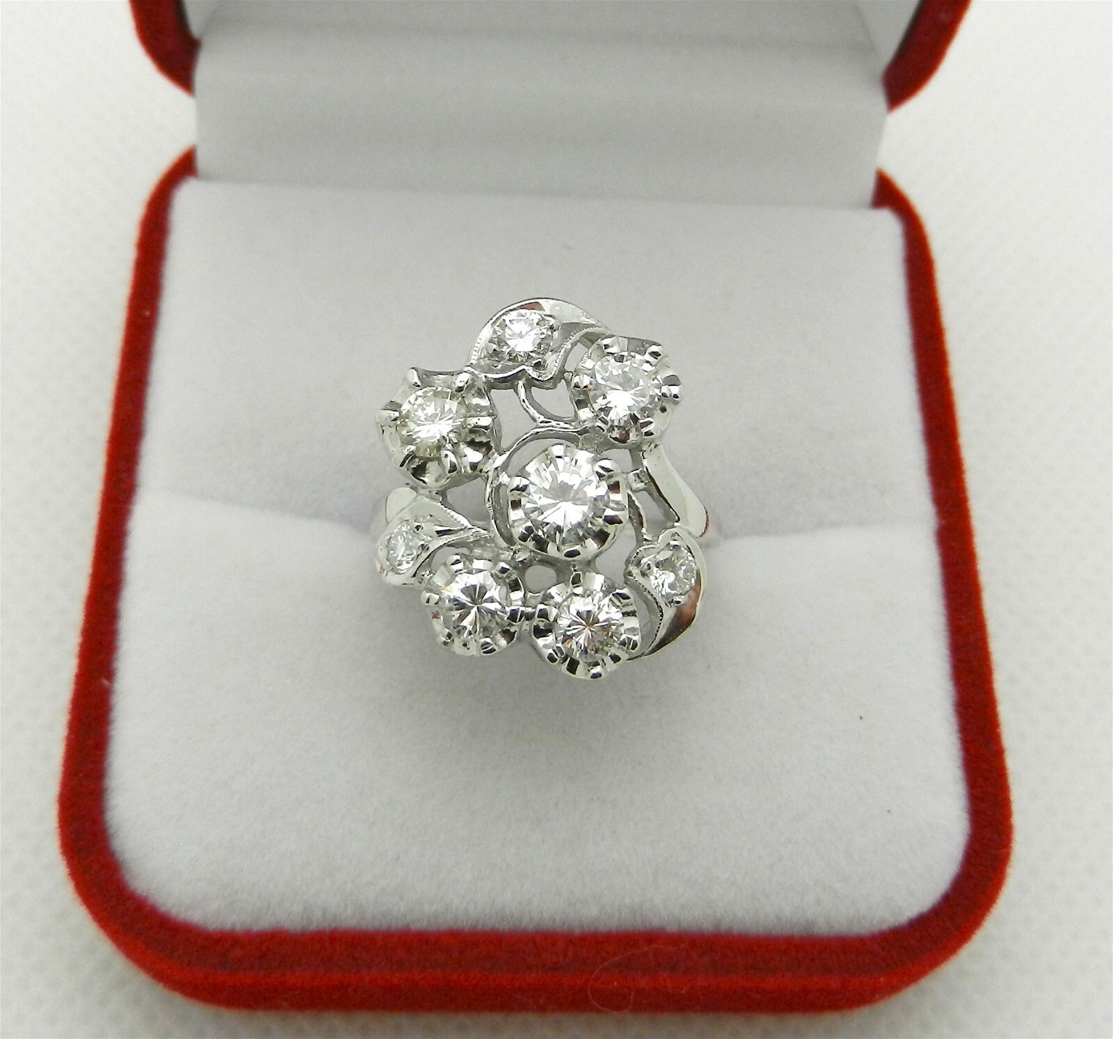 Vintage Art Deco 14k White Gold Cluster Natural Diamonds 1.25 ct Cocktail Ring