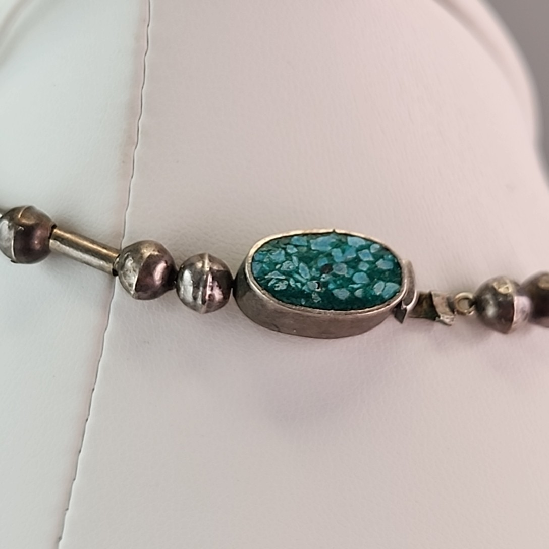 Vintage Mexican Necklace Sterling Silver Turquoise Chip Inlay Fringe Eagle 2