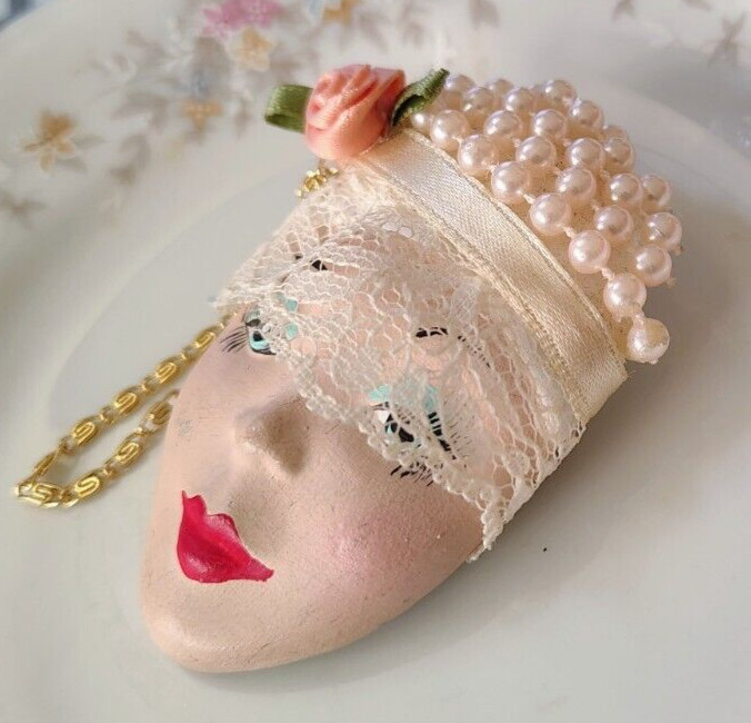 Vtg Retro Porcelain Painted Face Brooch Faux Pearl Peach Rose Lace Hat Red Lips