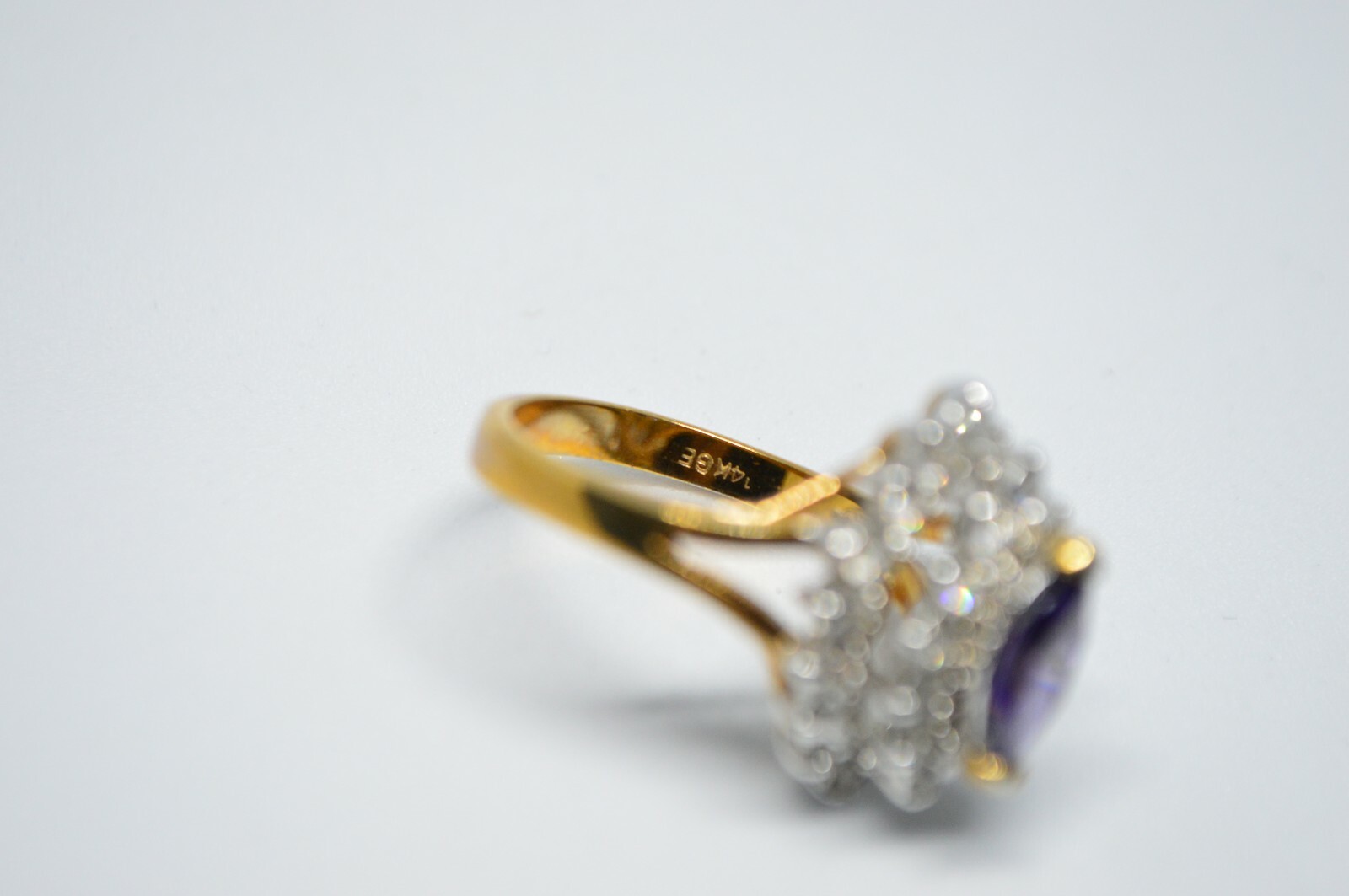 Purple Clear Glass Rhinestone Cocktail 14kt Gold Plated HGE Ring Size 7.5