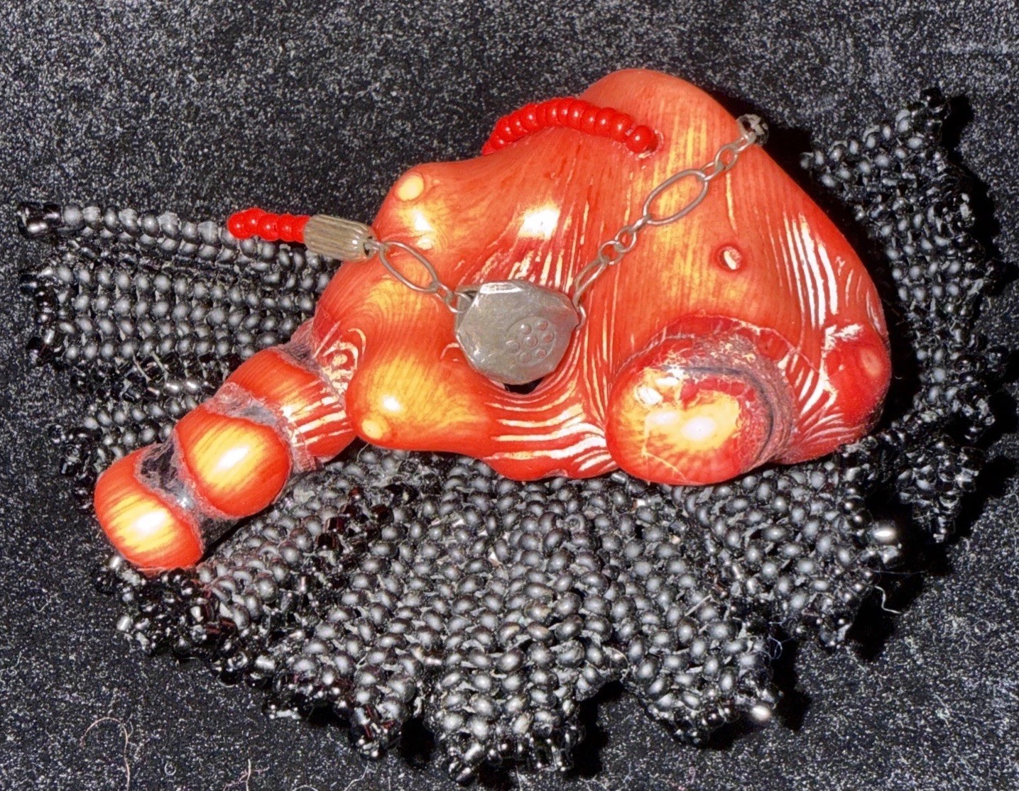 Estate hand beaded branch coral brooch pin