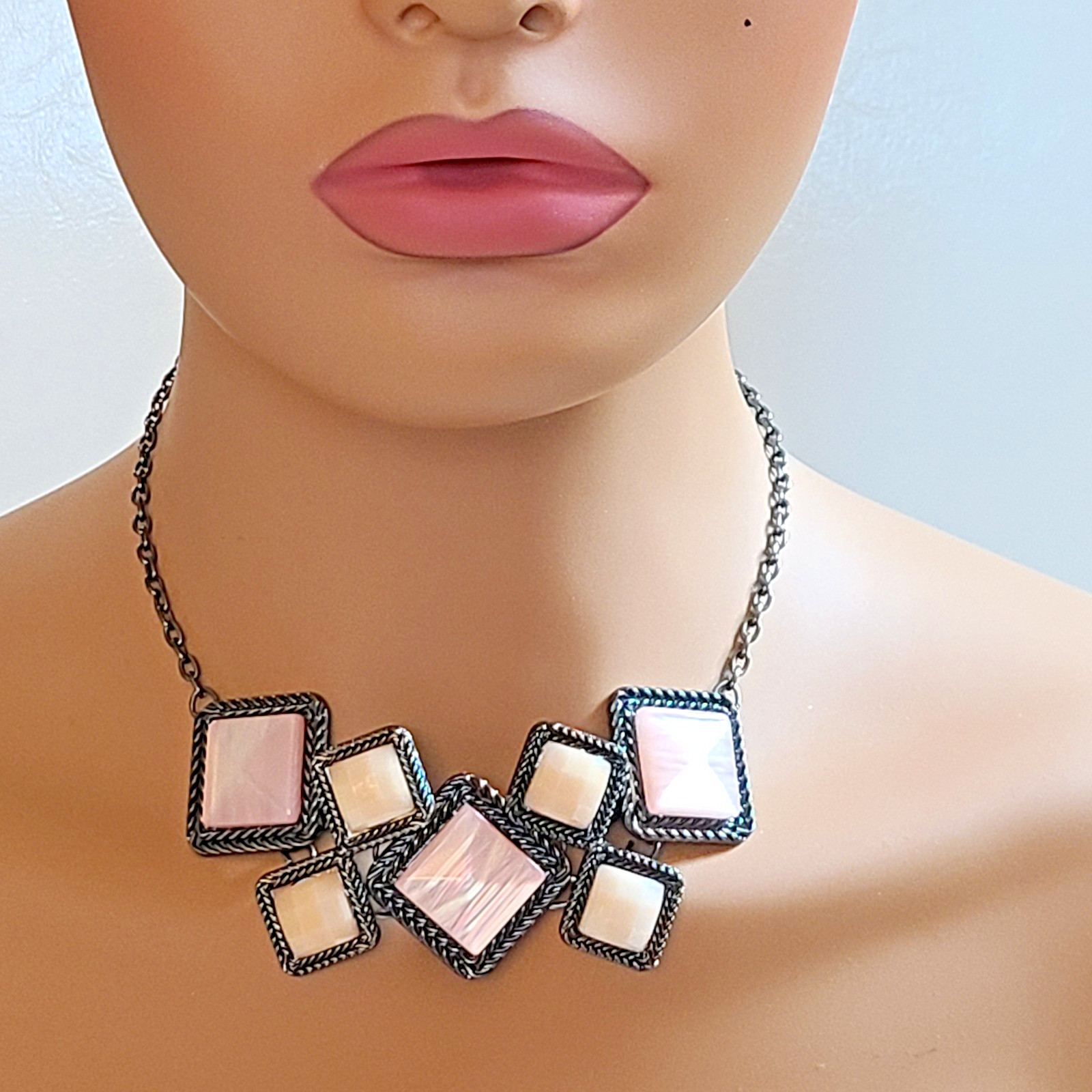NY Collection Geometric Statement Necklace Gunmetal Pink White Shell Cabochons