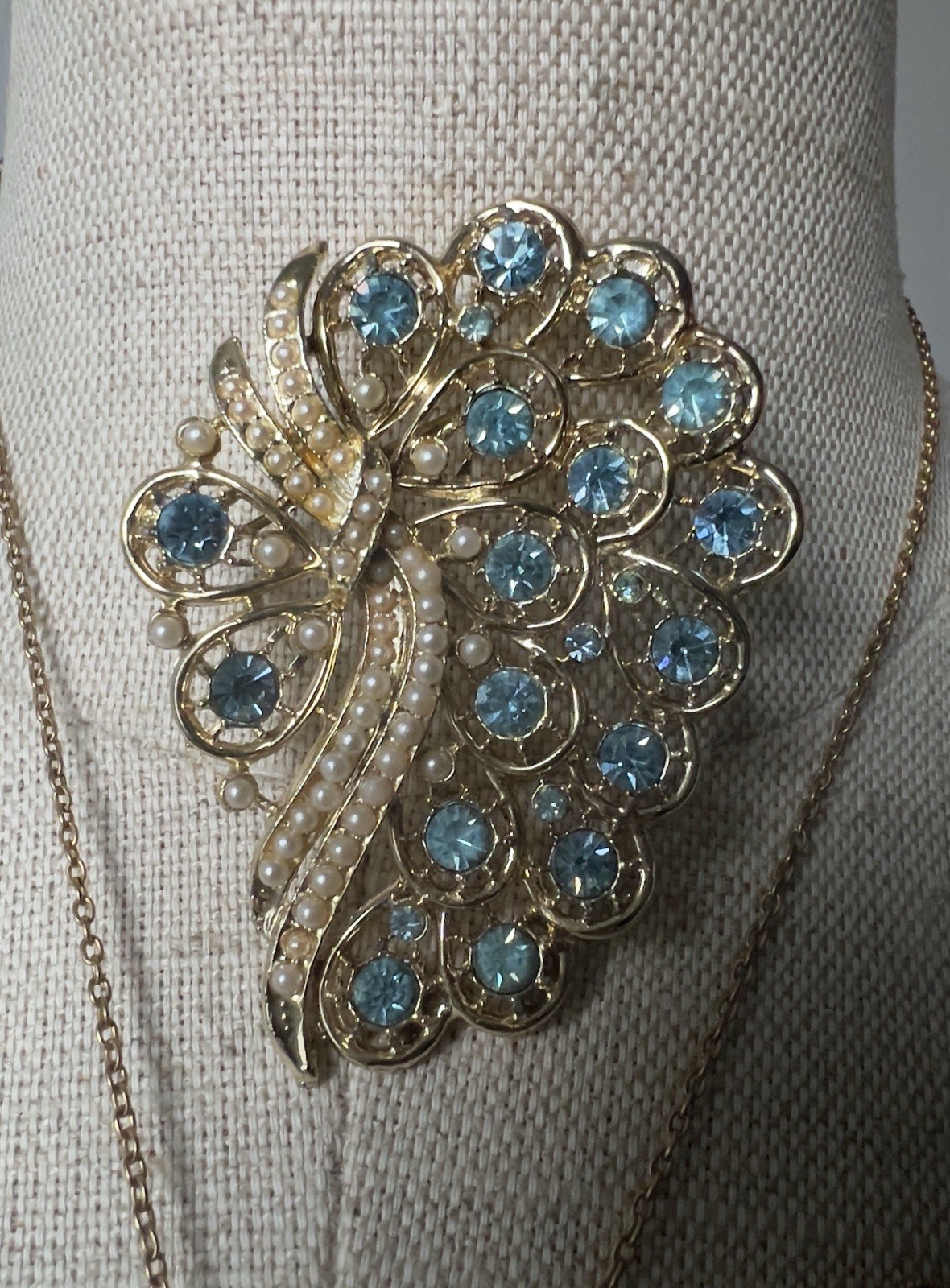 Vintage Aqua Rhinestone & Faux Pearl Jewelry Set – 3 Pieces – Gold Tone