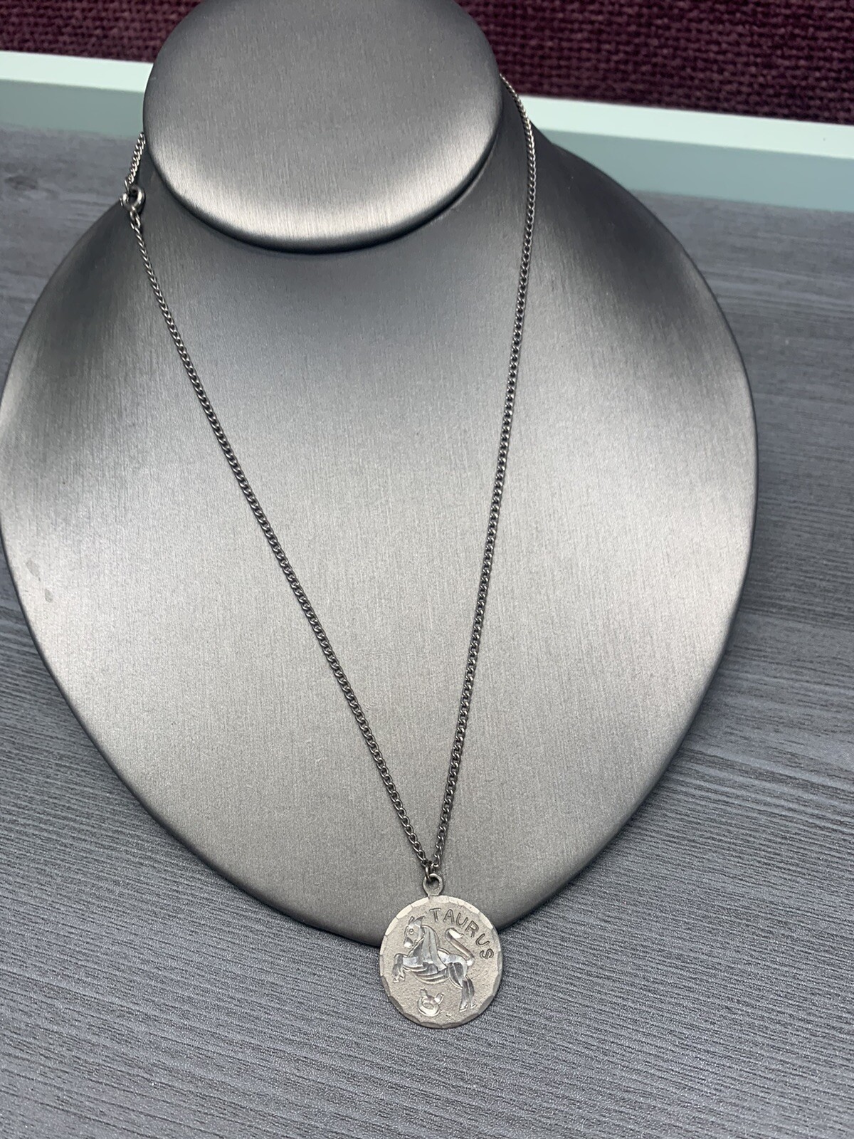 Vintage Pewter BDA Zodiac astrology Taurus Bull Engraved Pendant Necklace 18”