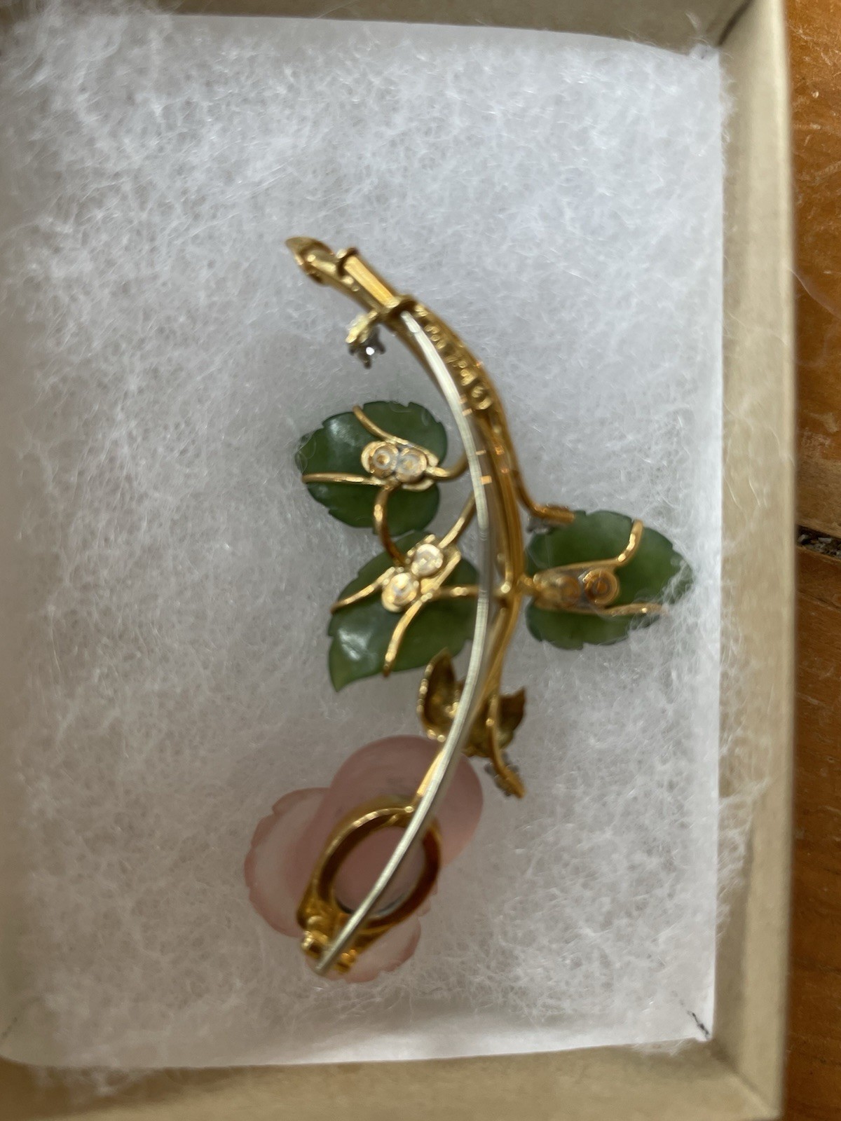 Stunning Vintage 750 18k Gold Jade Diamonds Rose Quartz Pin 13 Grams Rosebud