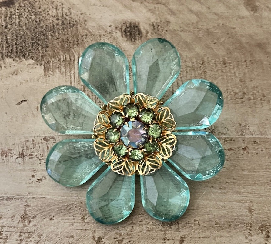Vintage Mid Century Jumbo Lucite AB Blue Green Aqua Crystal Flower 3” Brooch