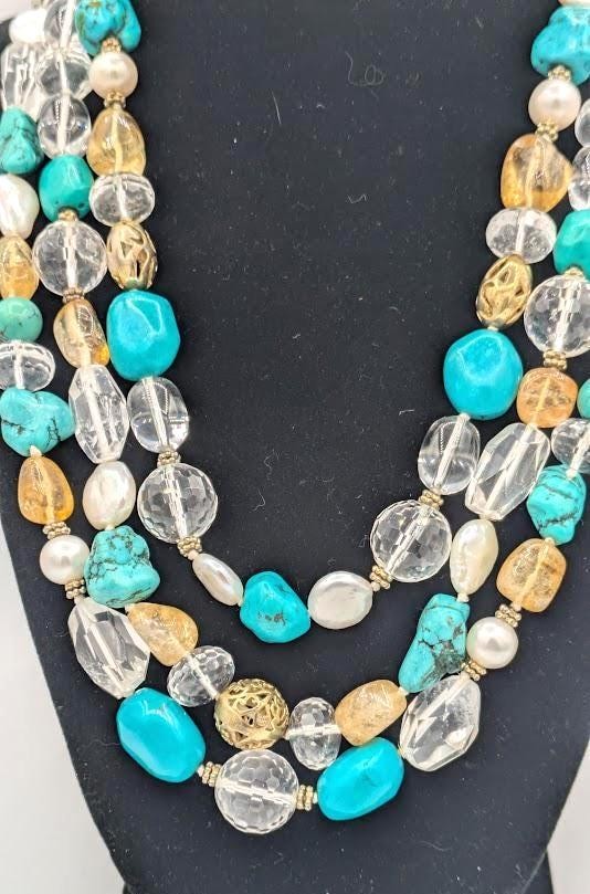 Vintage Turquoise Beaded Necklace Quartz Pearl Sterling Vermeil Multi Strand