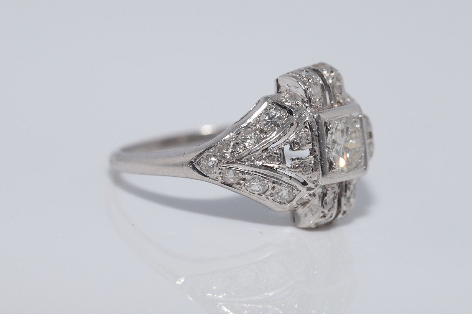 Antique Circa 1920s Handcrafted Art Deco Platinum Natural Diamond Ring