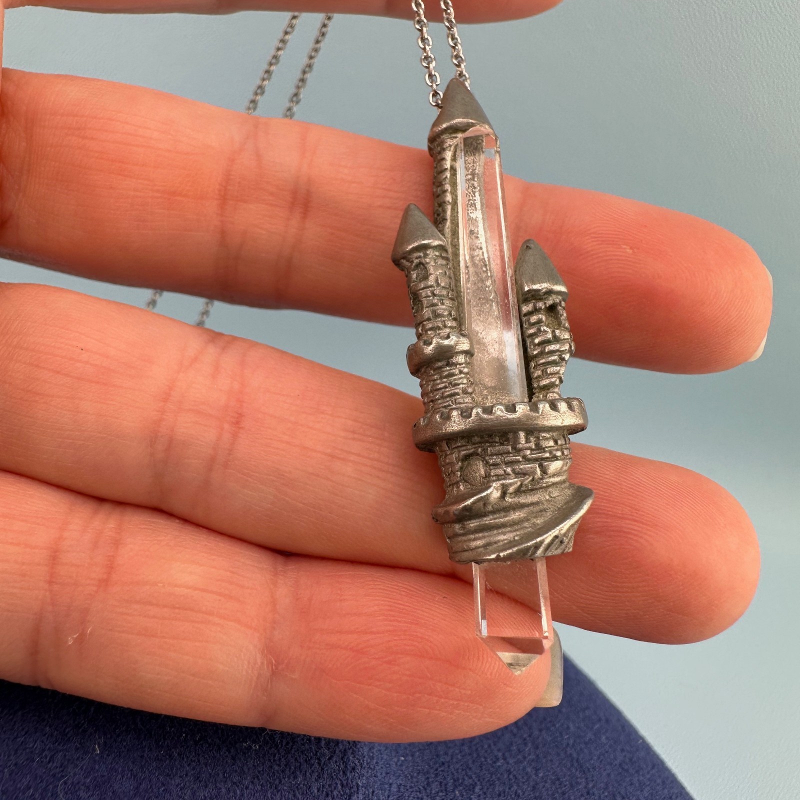 Vintage Quartz Crystal Castle Pendant Necklace Pewter Silver Tone Fantasy Signed