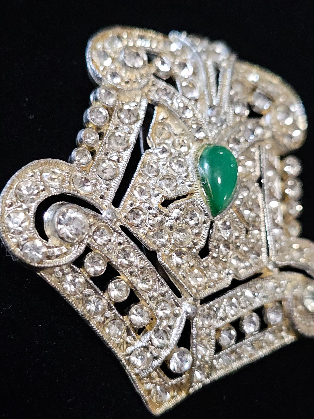 Big Vtg 1930s Pot Metal Signed PJC Green Glass Rhinestone Deco Dress Clip Brooch