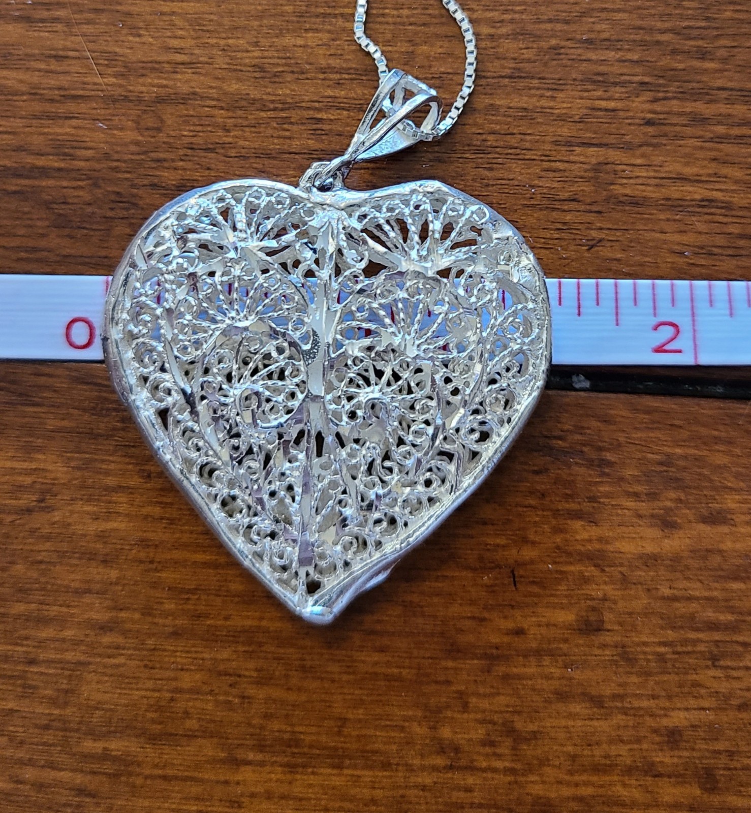 Vtg Sterling Silver Puff Large HEART NECKLACE 32″ Chain 14gm Filigree